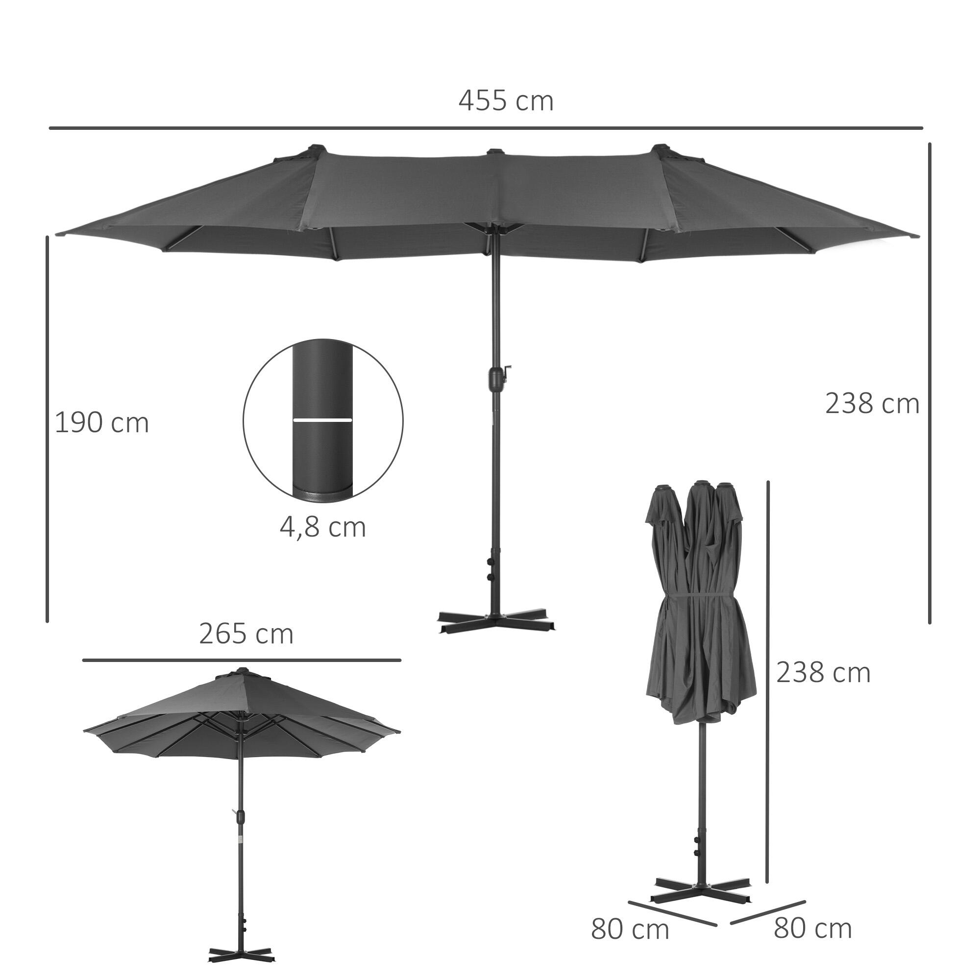 Chapéu de sol duplo 455x265x238 cm cinzento Outsunny 3/7