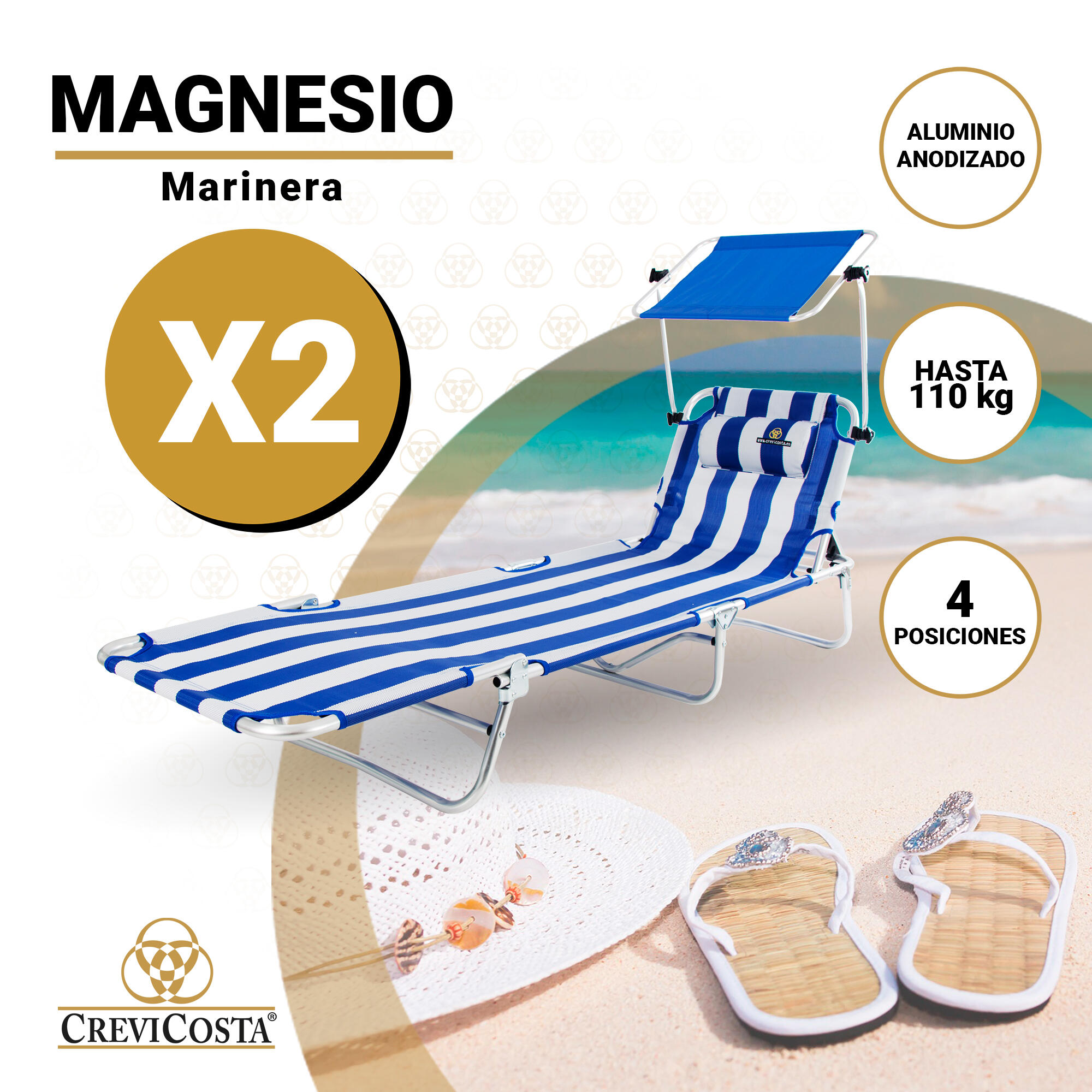 Lote de 2 Tumbonas de Playa con toldo MAGNESIO - CREVICOSTA. Marinera 2/6