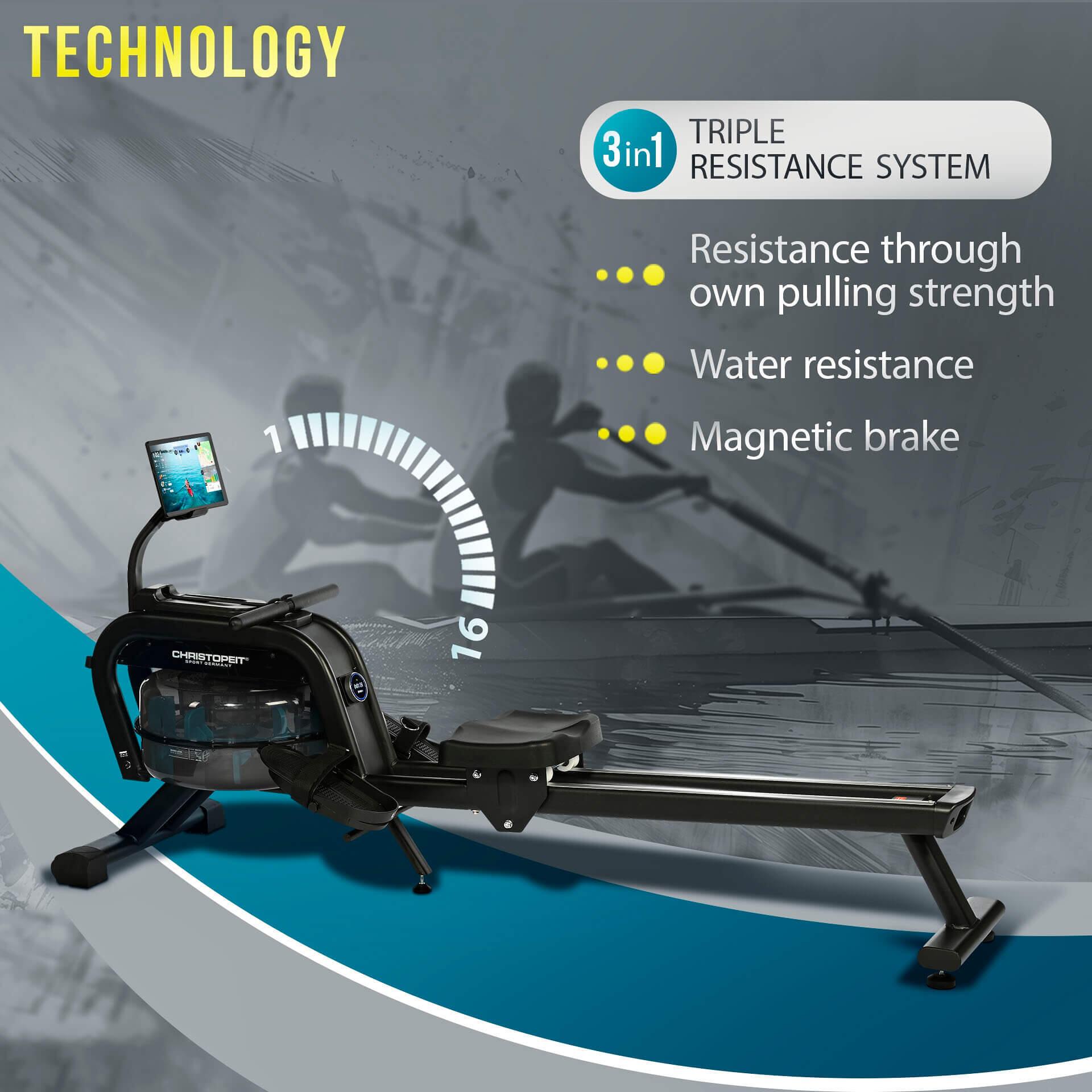 Rudergerät mit Wasser- + Magnetwiderstand - Tablethalterung - Bluetooth WP 2000 2/9