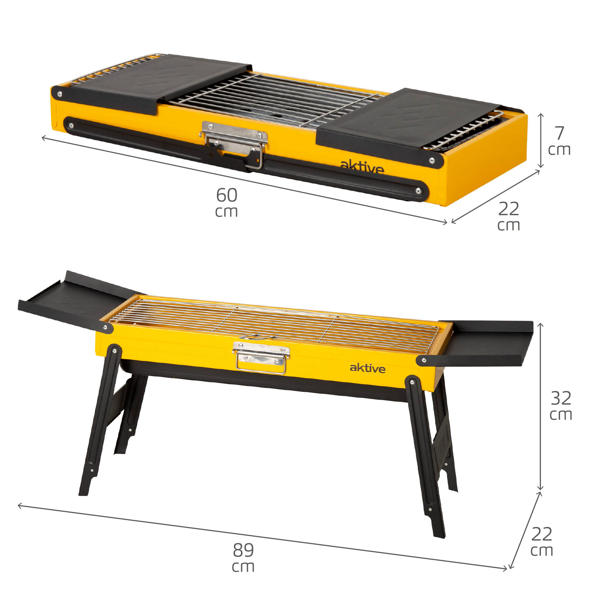 Aktive Barbecue pliant au charbon de bois en acier 89x22x32 cm avec plateaux 4/7
