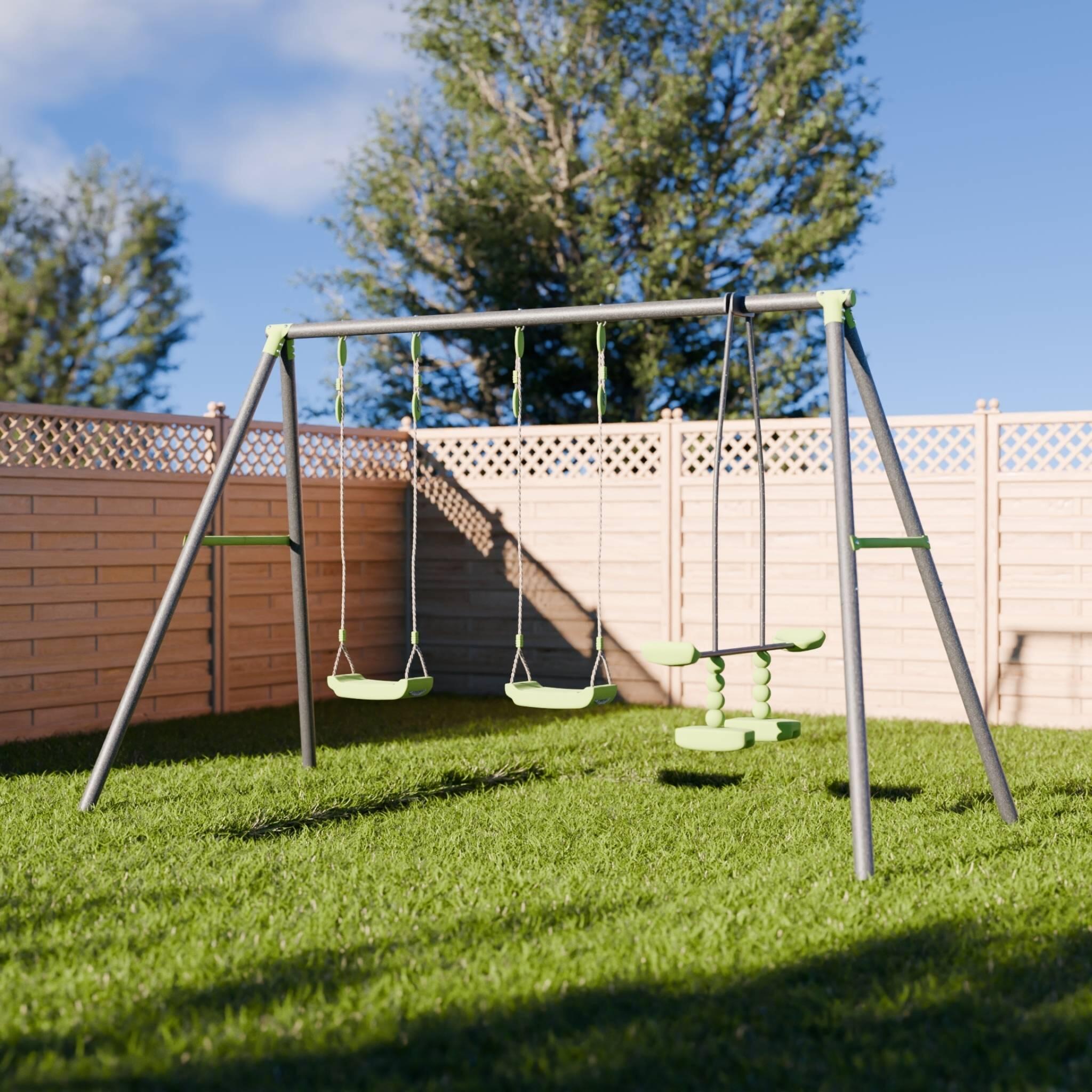 Conjunto de parque infantil com baloiço, 3 aparelhos e 4 lugares, Verde 2/5