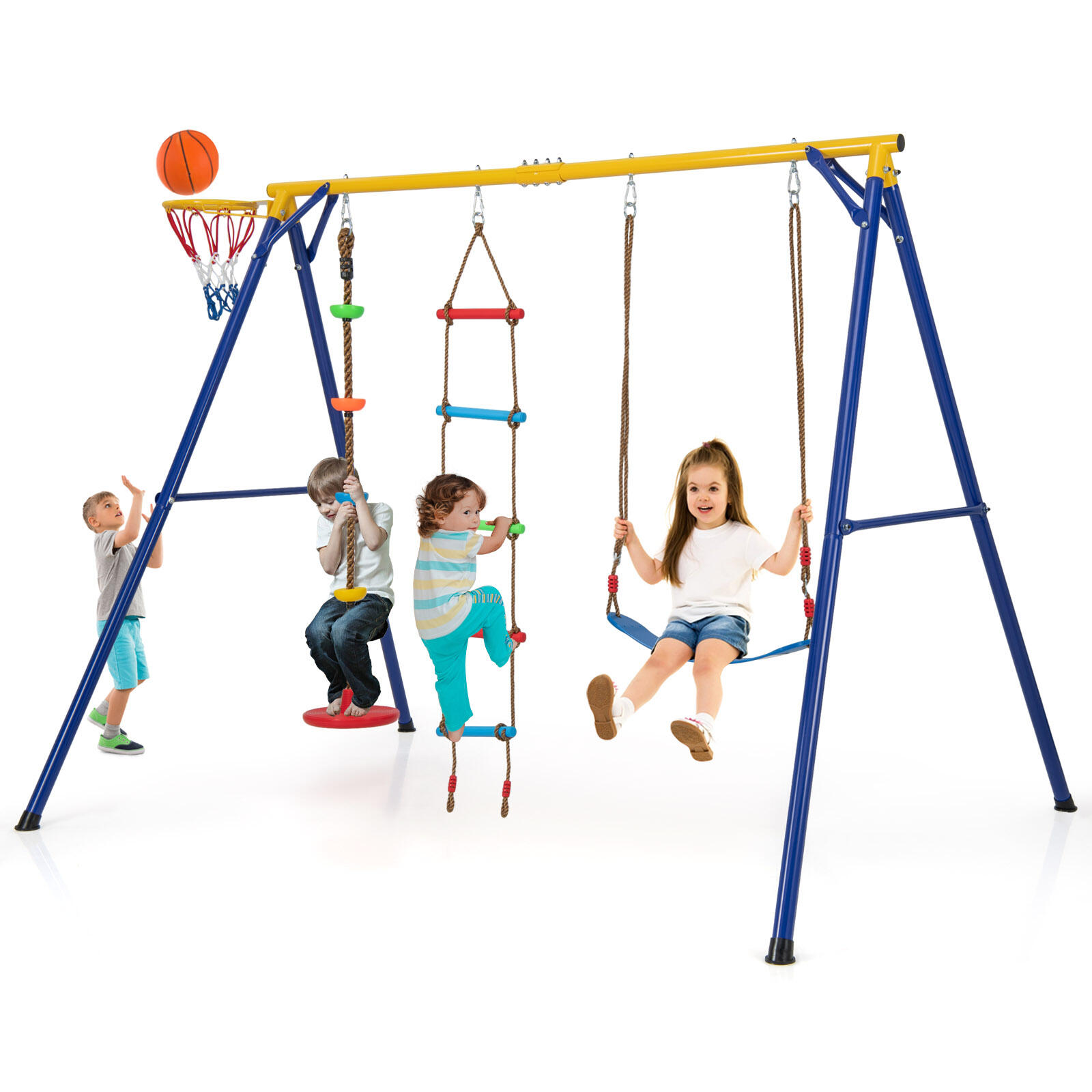 4-in-1 Kids Swing Set w/Basketball Hoop/Climbing Ladder Outdoor Backyard Playset