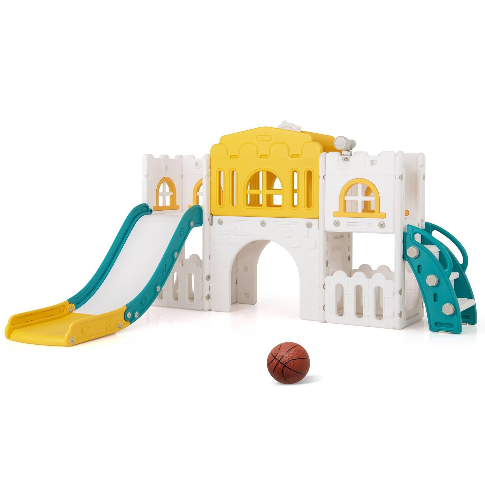 Kids Climber Slide Playset w/Tunnel & Basketball Hoop Activity Center Yellow