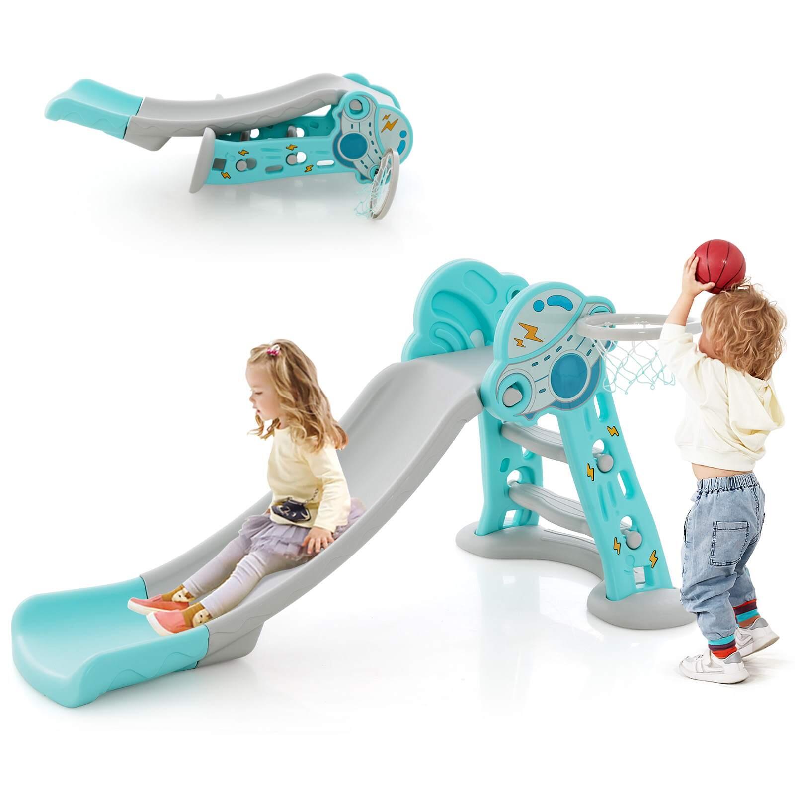 3IN1 Kids Folding Climber Slide Playset w/Basketball Hoop Blue