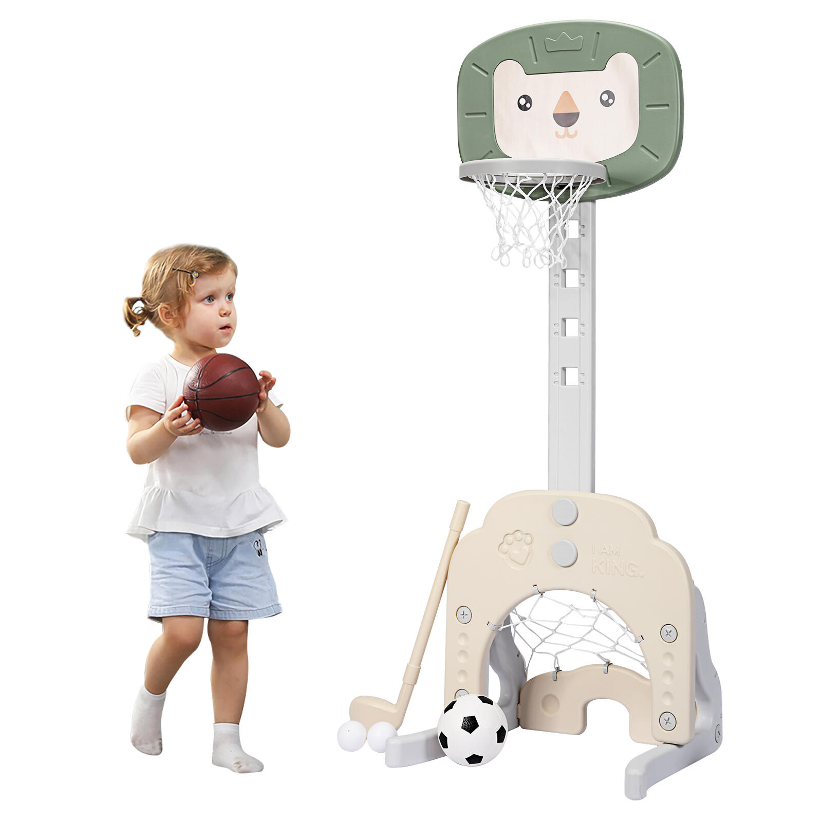 3-in-1 Basketball Hoop Set Football Golf Sports Activity Center Green