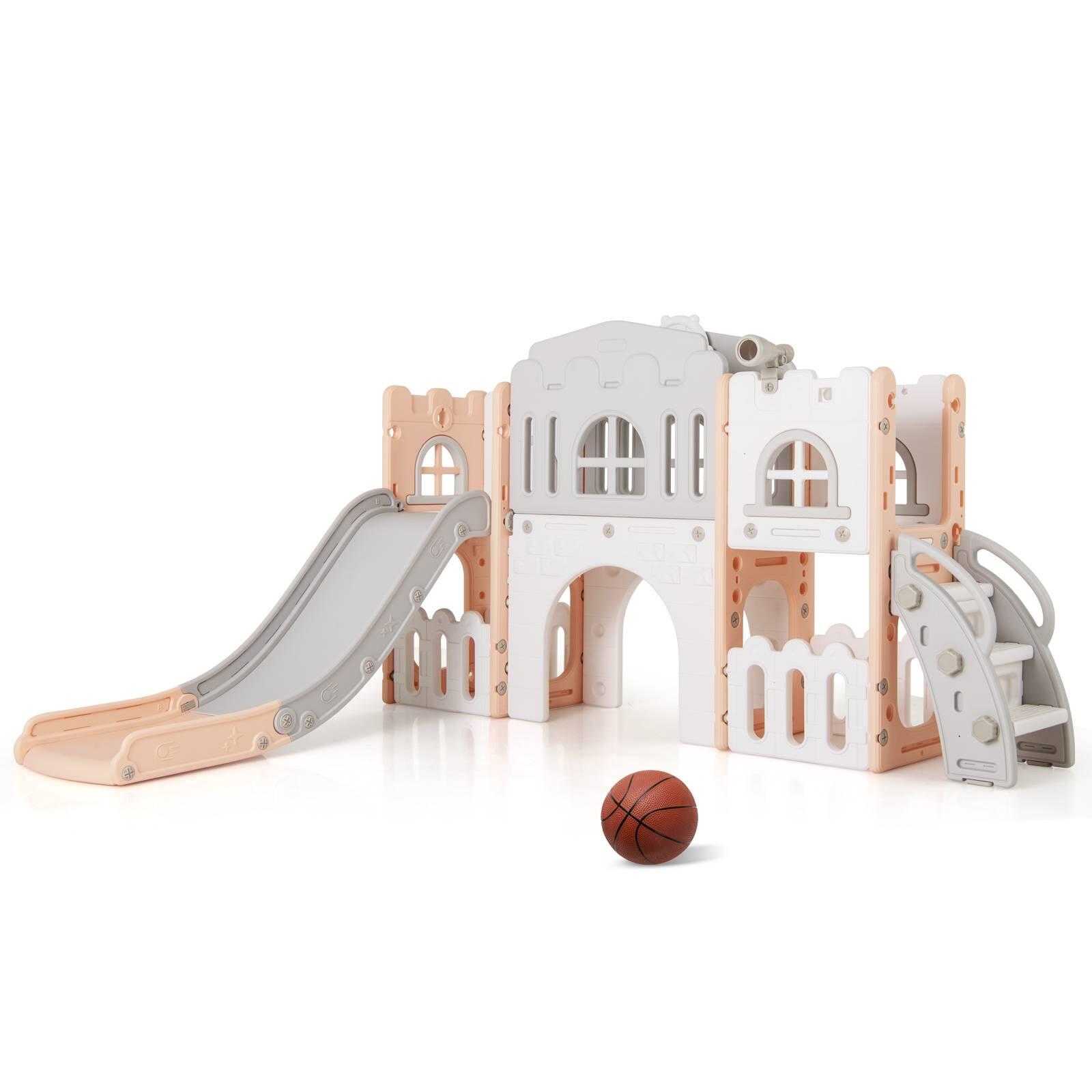 Kids Climber Slide Playset w/Tunnel & Basketball Hoop Activity Center Pink