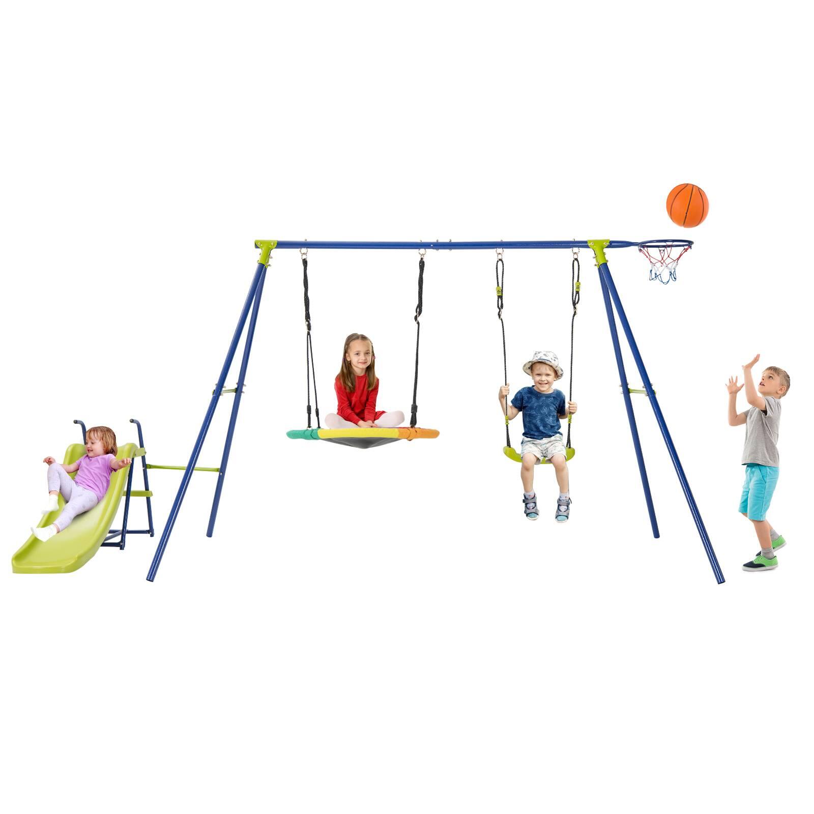 4-in-1 Swing & Slide Set w/Basketball Hoop Outdoor Backyard Playset