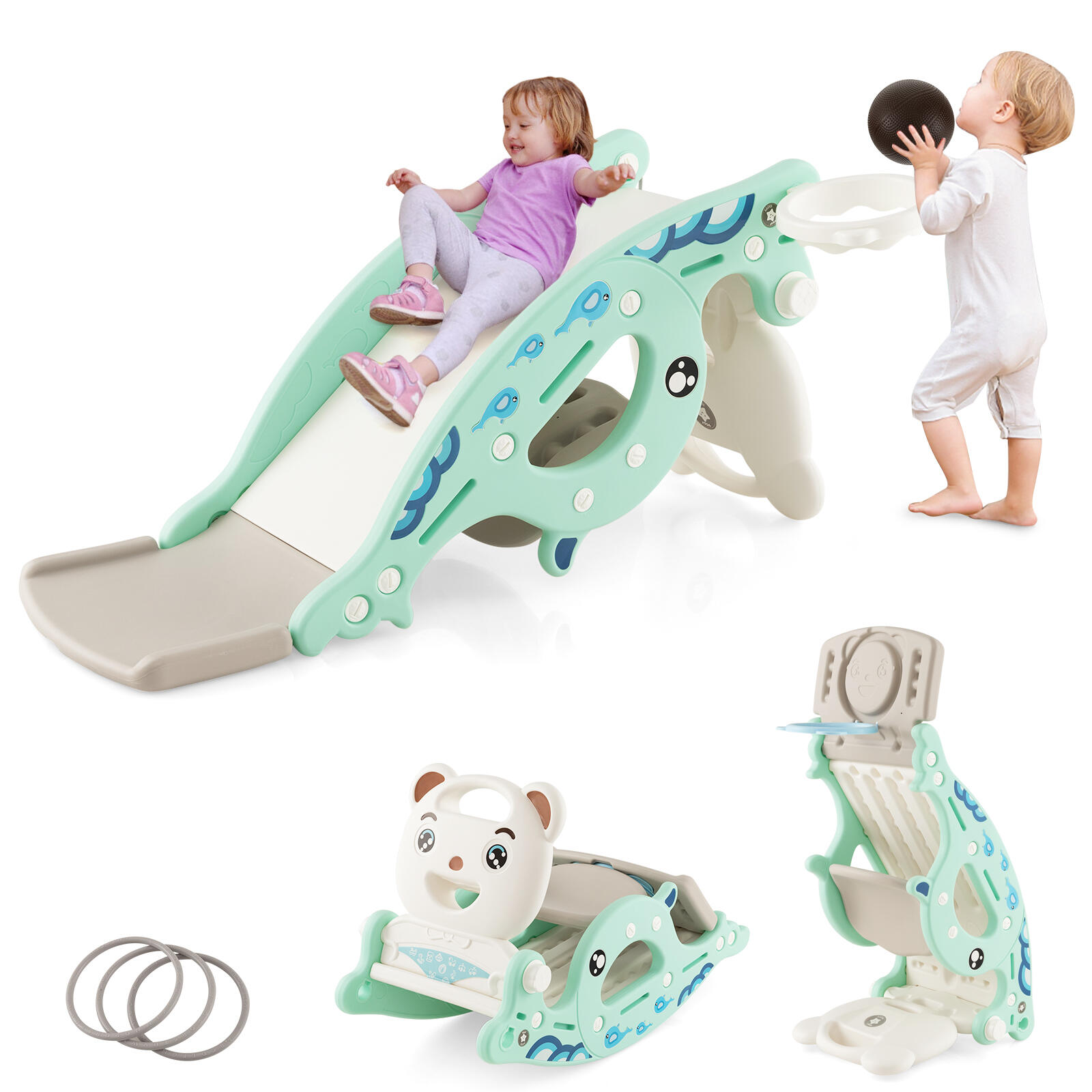 4-in-1 Kids Slide Rocking Horse Outdoor Playset w/Basketball & Ring Toss Green