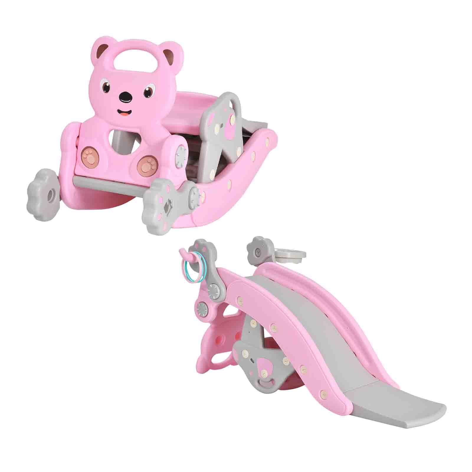 4-in-1 Kids Rocking Horse Play Slide Set Activity Center Ride On Toy Pink