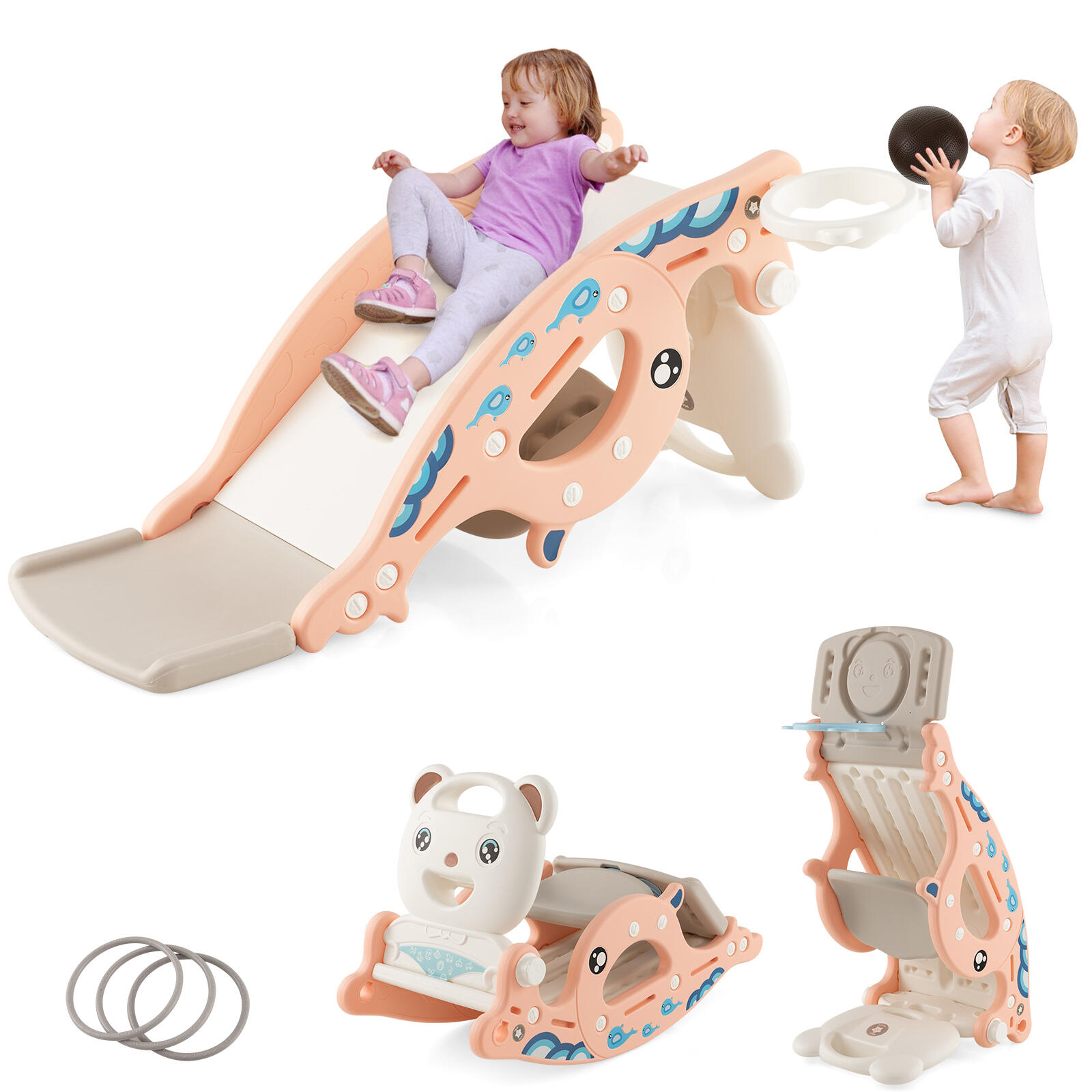 4-in-1 Kids Slide Rocking Horse Outdoor Playset w/Basketball & Ring Toss Pink