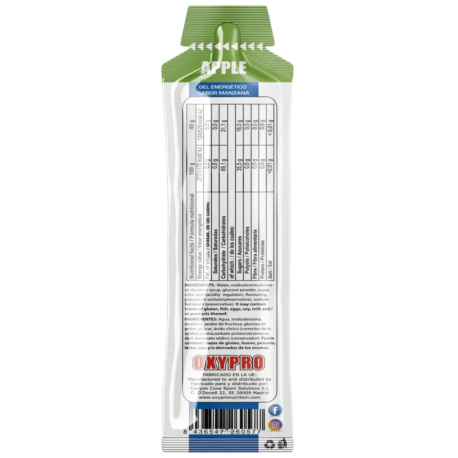 OXYPRO ENERGY GEL sabor Manzana sin cafeina Caja x 16 geles 3/3