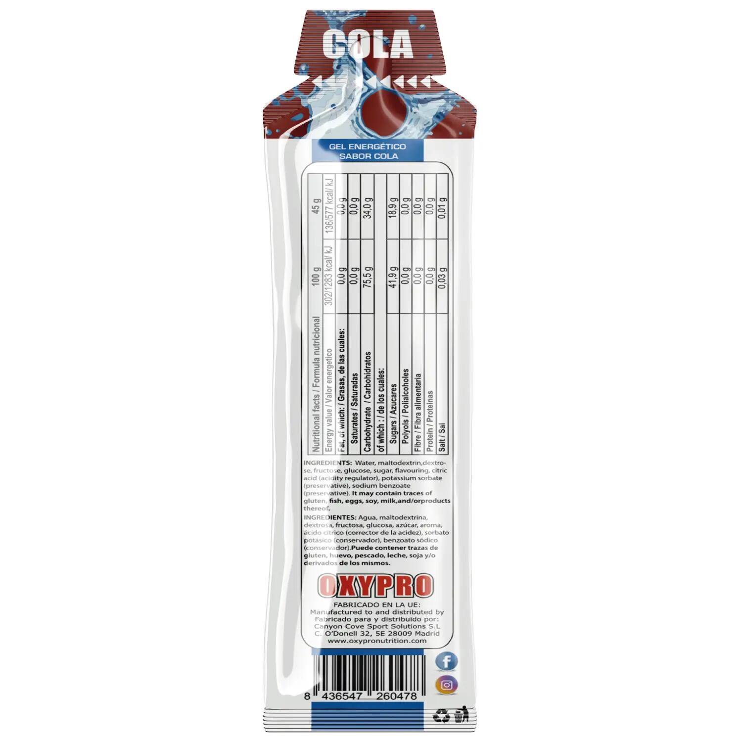 OXYPRO ENERGY GEL sabor Cola sin cafeina Caja x 16 geles 3/3