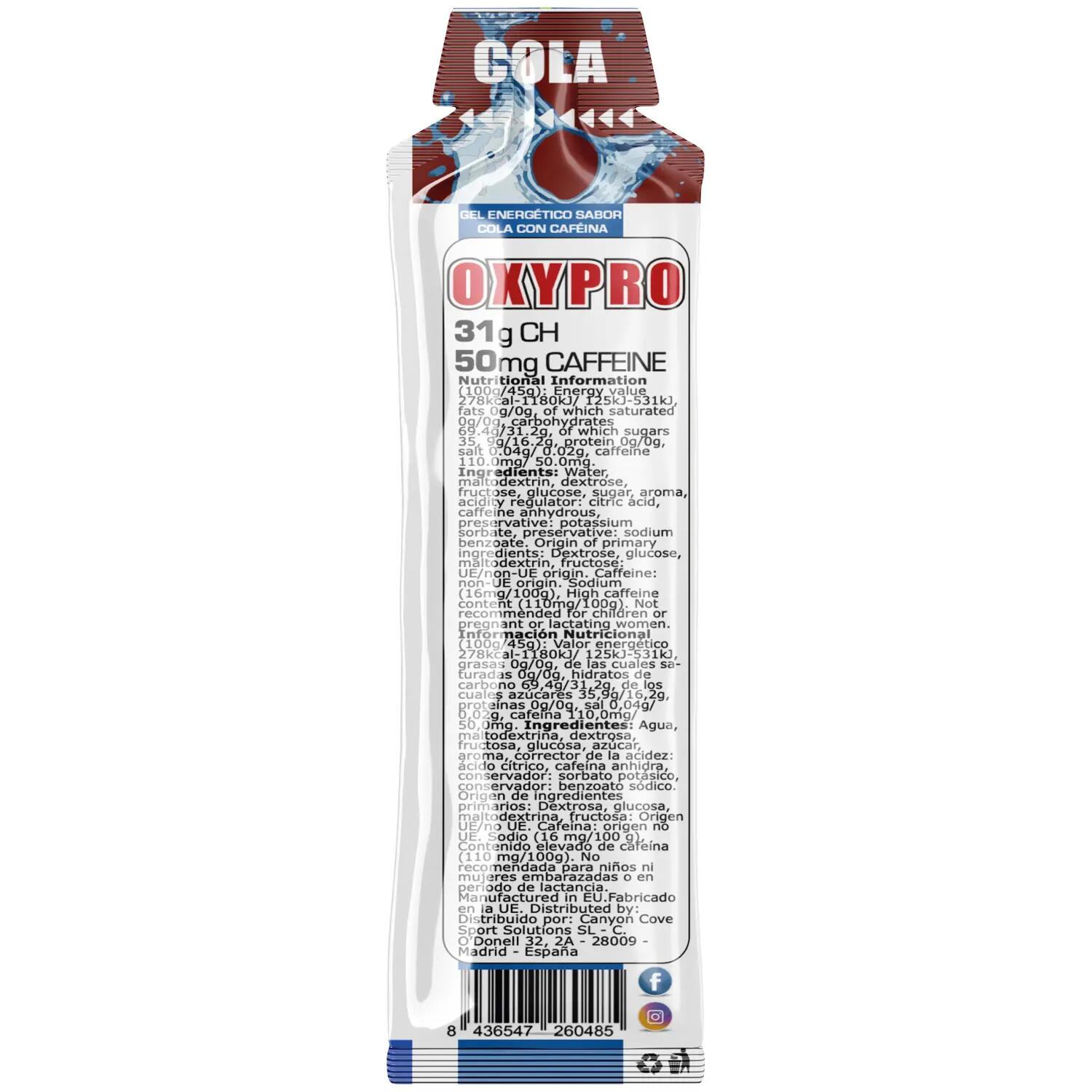 OXYPRO ENERGY GEL sabor Cola con 50mg Cafeína Caja x 16 geles 3/3
