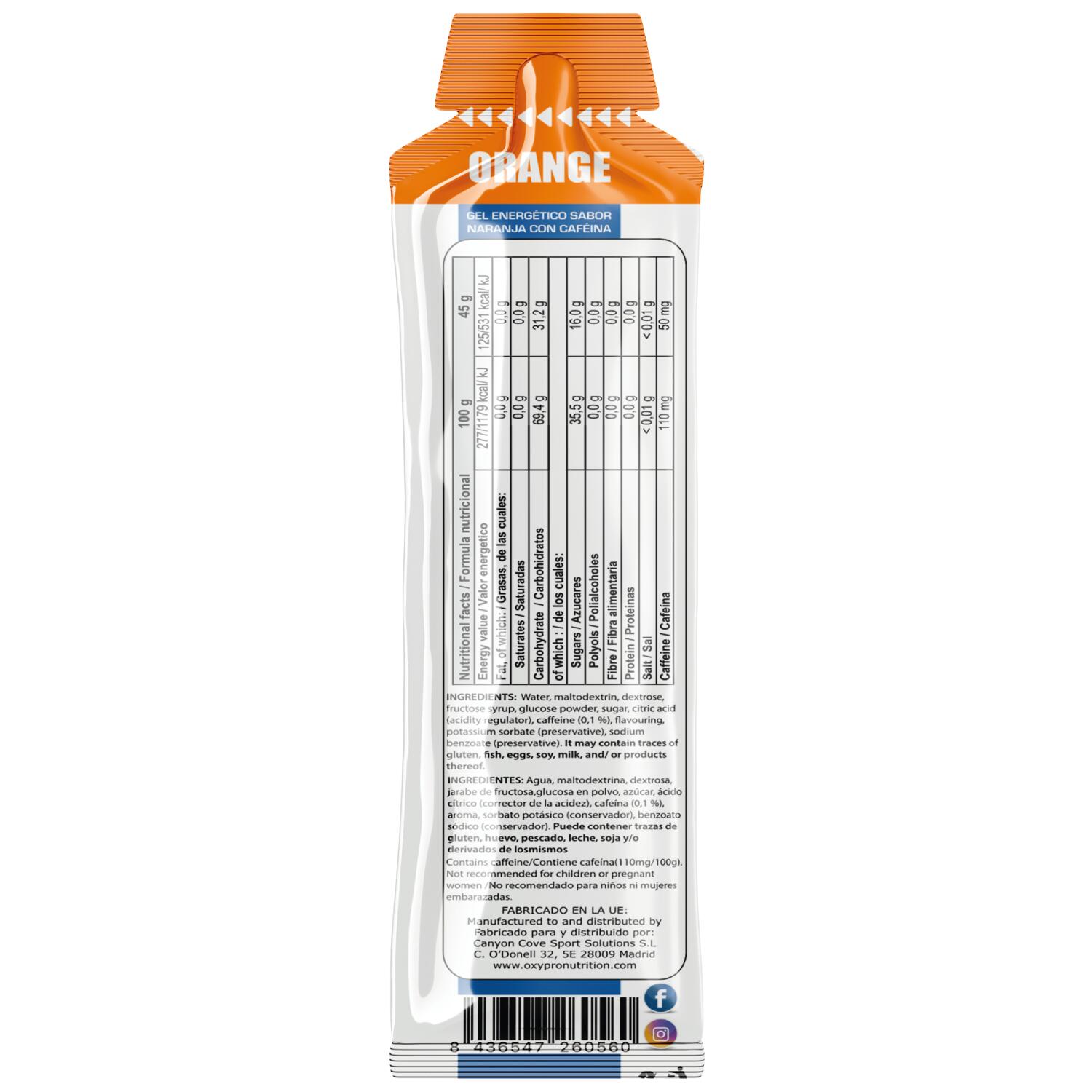 OXYPRO ENERGY GEL sabor Naranja con 50mg Cafeína Caja x 16 geles 3/3