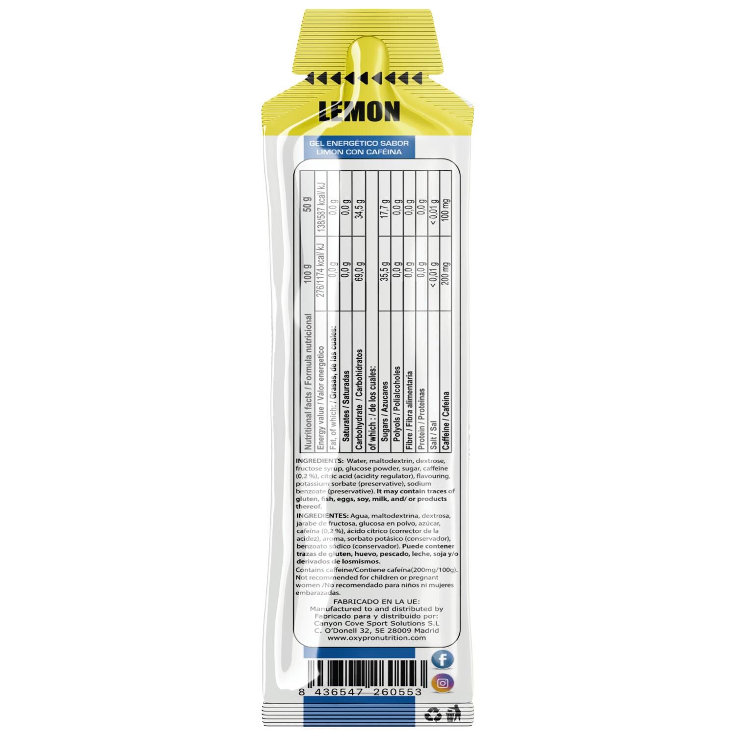 OXYPRO ENERGY GEL sabor Limón con 100mg Cafeína Caja x 16 geles 3/3