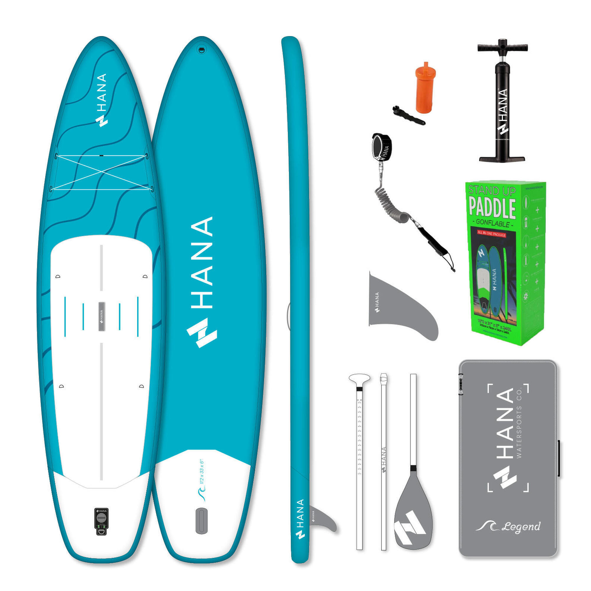 Hana Outdoors - Pack Stand Up Paddle Gonflable Hana Legend Turquoise 11'2 - Planche De Stand Up Paddle - Bleu - Decathlon