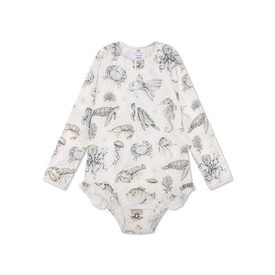 Uv badpak meisjes met lange mouwen - groen/wit - sea life