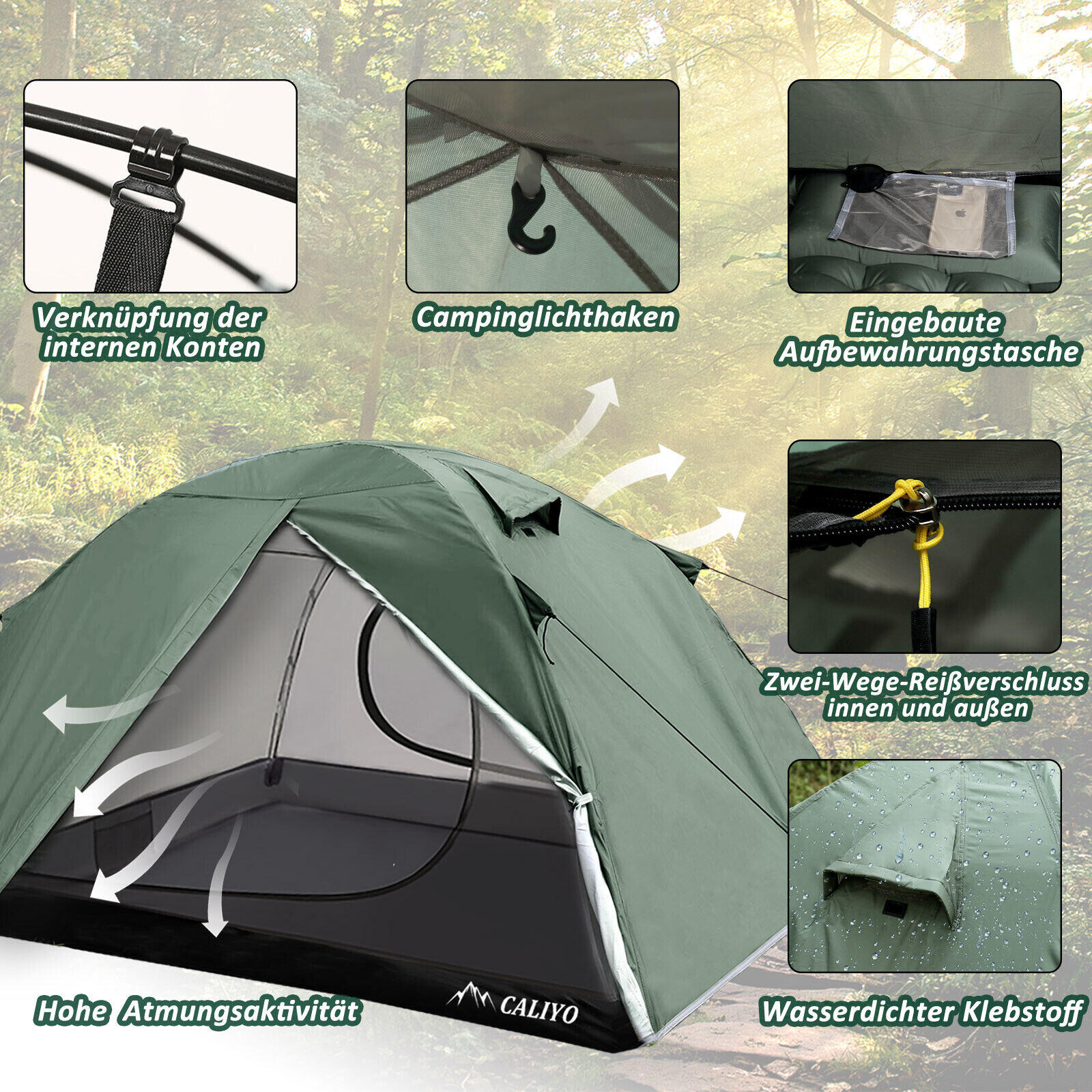 2 Personen Zelt 3000 mm WS 2 Eingänge Camping Festival Vorraum 2/7