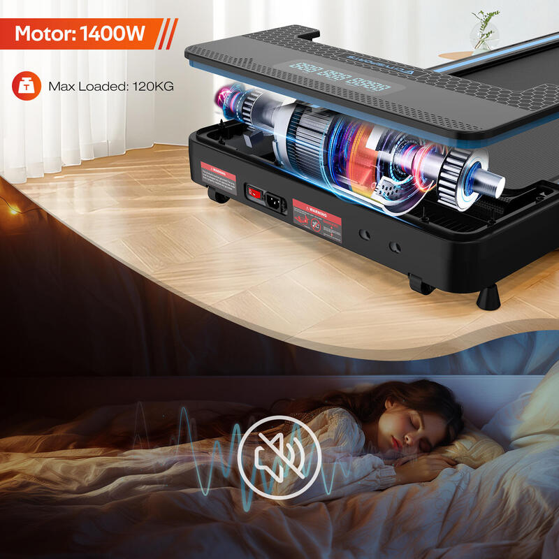 Összecsukható futópad 7,7%-os dőléssel, 1400 W,WP3,1-12 km/h. Kék. APP.Bluetooth