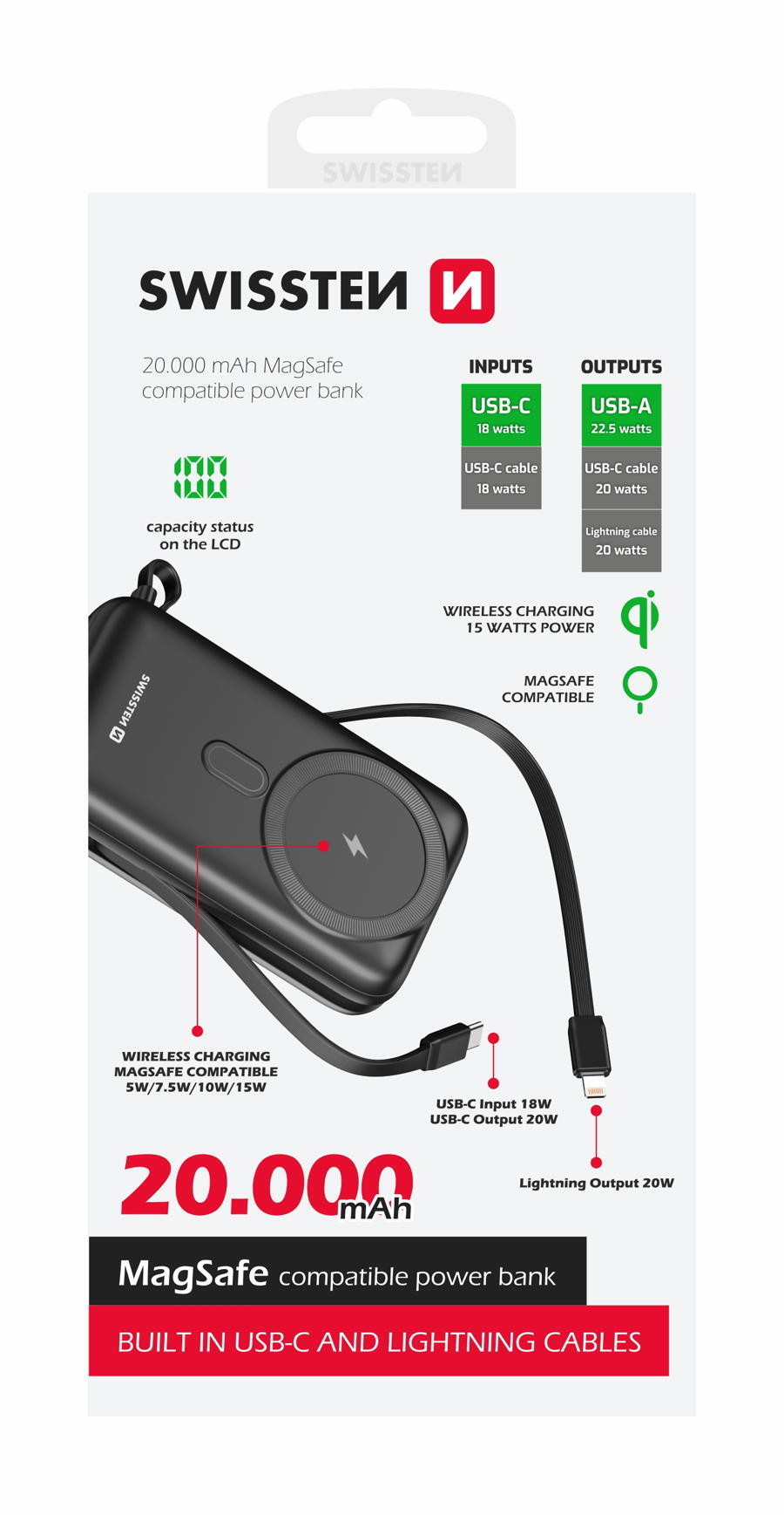 Powerbank Swissten MagSafe 20.000mAh com cabos 20W 4/4