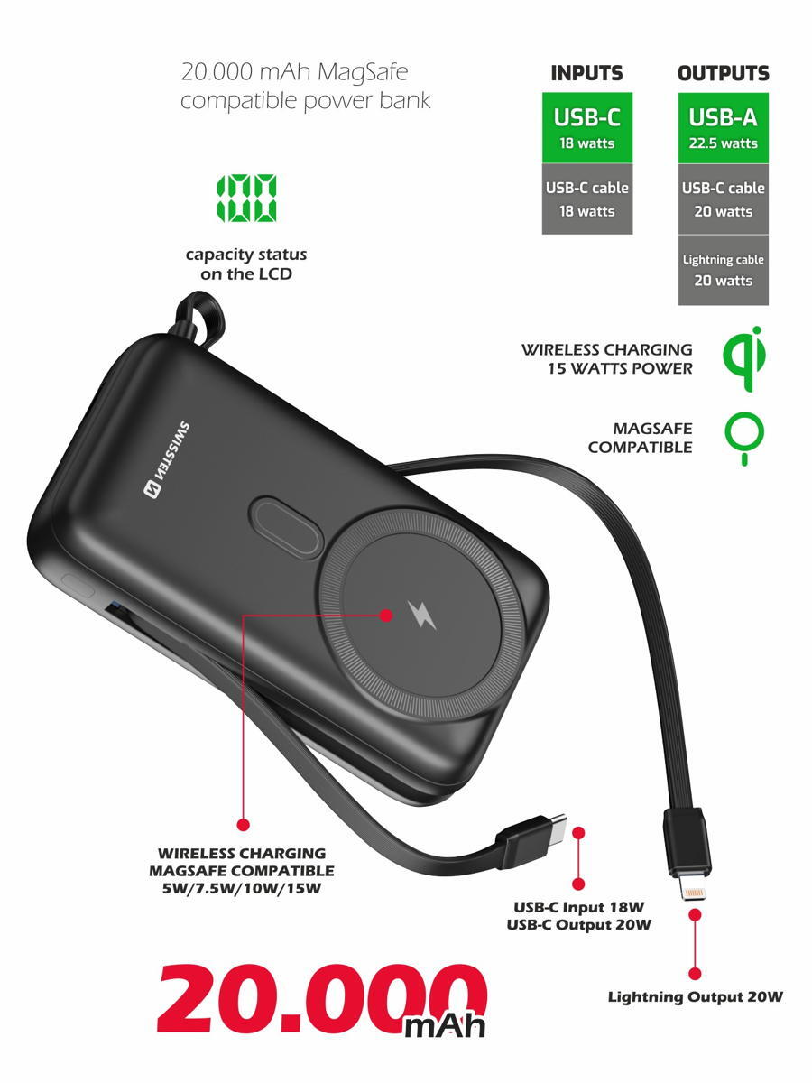 Powerbank Swissten MagSafe 20.000mAh com cabos 20W 2/4