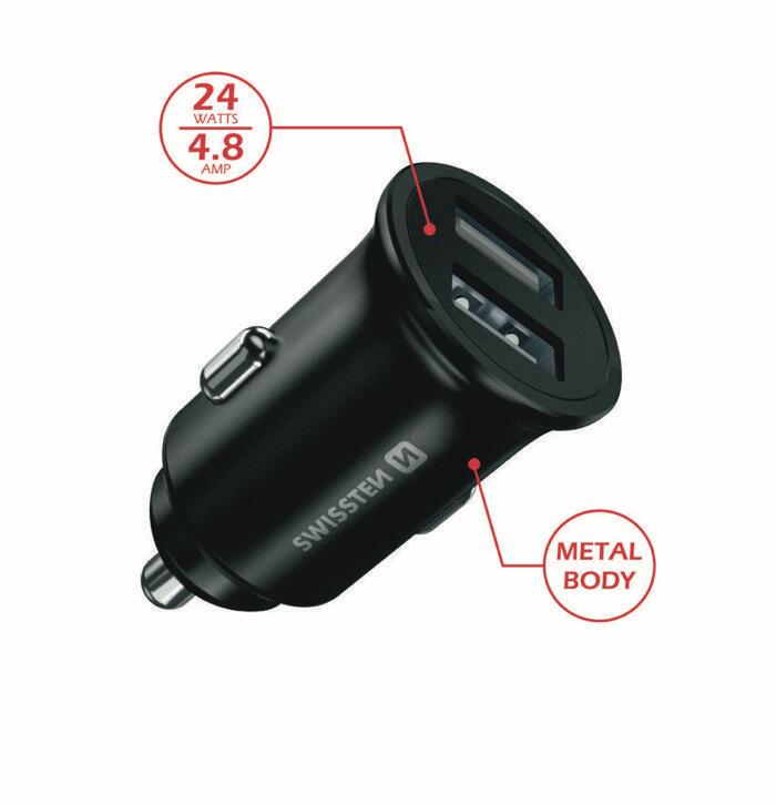 Carregador Swissten Car Charger 2x USB 4.8A 3/7