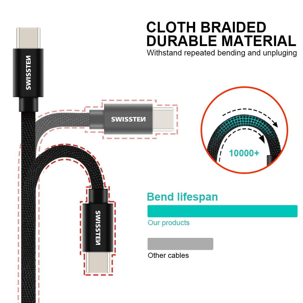 Cabo textil Swissten USB-USB-C 0.2m-preto 4/7