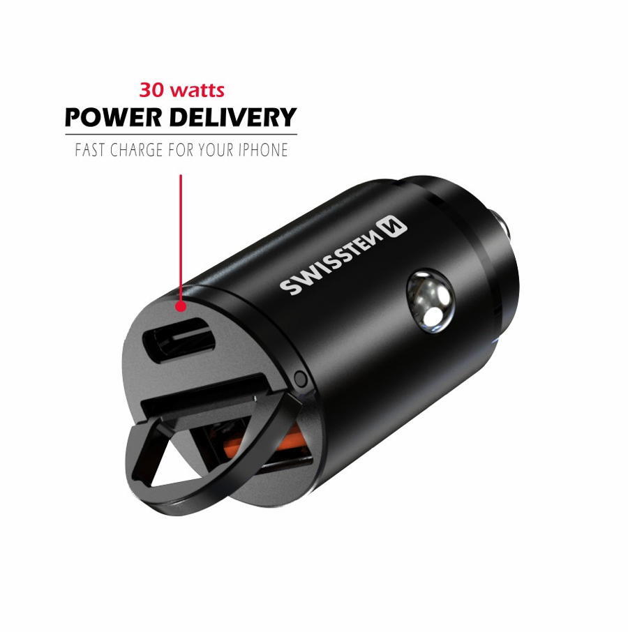 Carregador Swissten Car Charger Nano USB-C + USB 30W 2/5