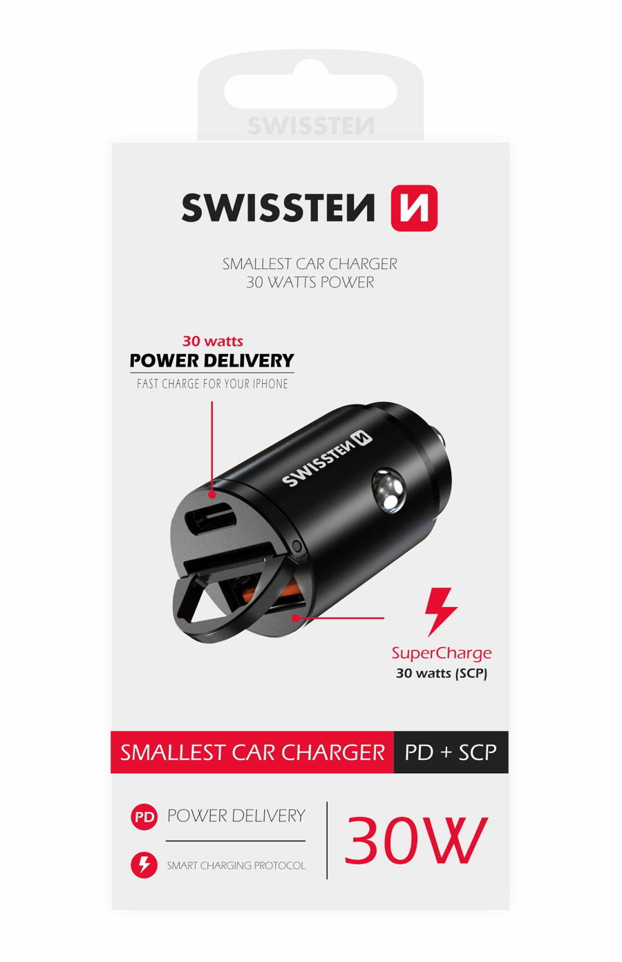 Carregador Swissten Car Charger Nano USB-C + USB 30W 4/5