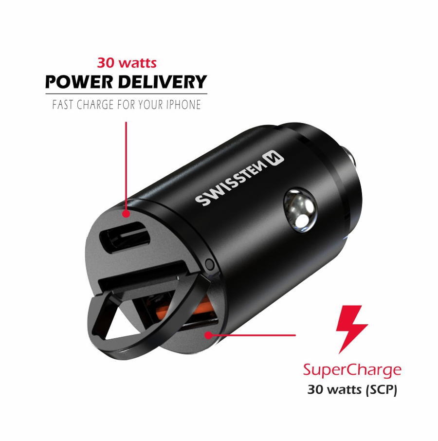 Carregador Swissten Car Charger Nano USB-C + USB 30W 3/5