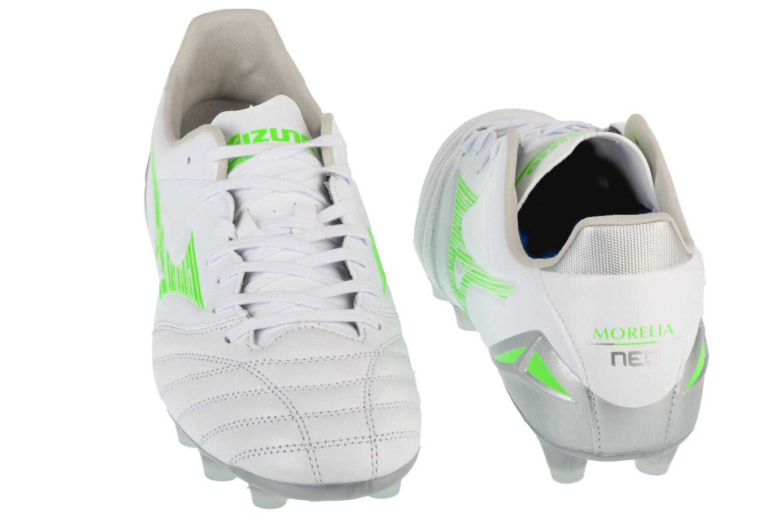 Botas de fútbol Mizuno Morelia Neo IV Pro Md blanco/verde neón/gris frío 3c 3/7