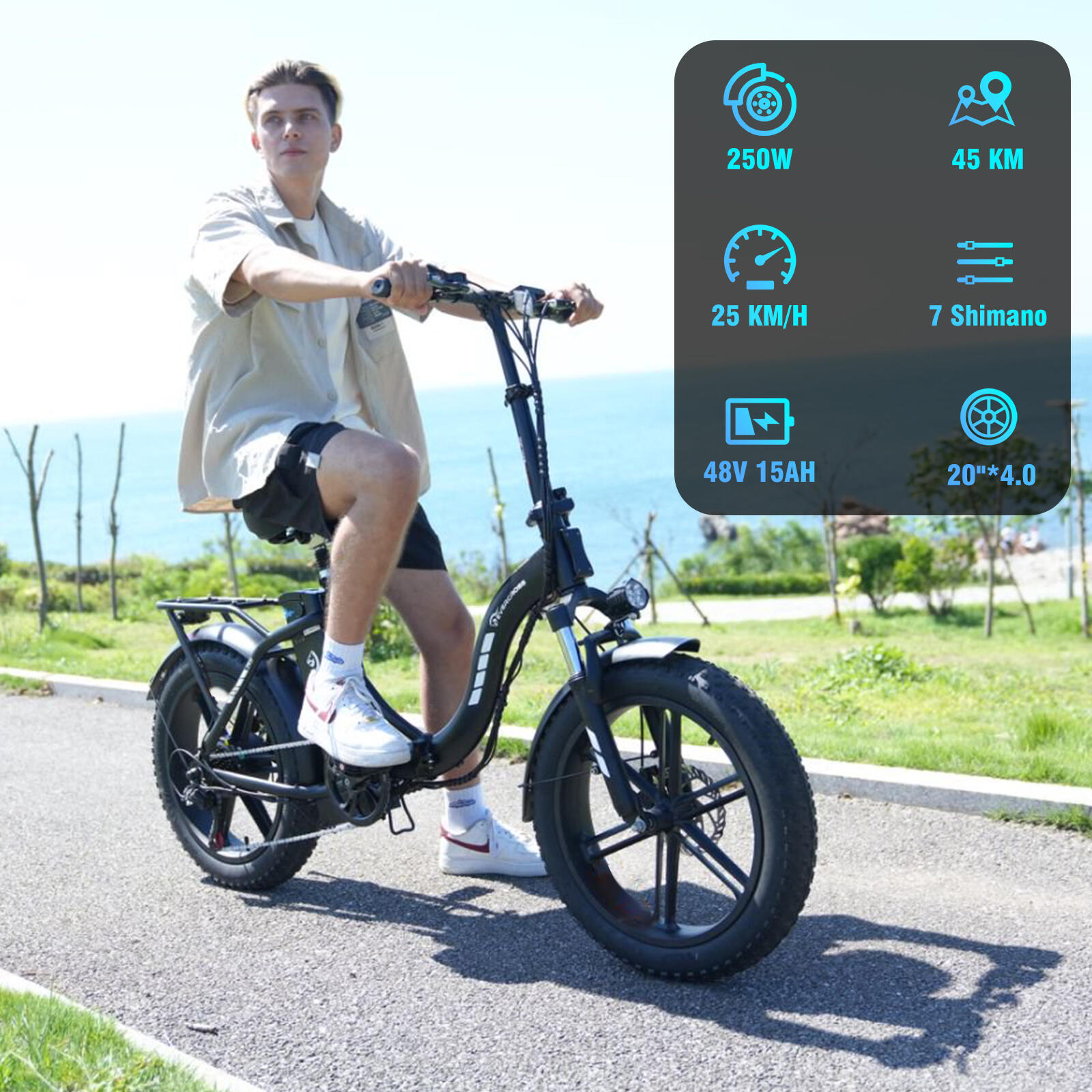 Bicicletta elettrica pieghevole per adulti pneu 4.0 batteria 13Ah - EK6 Nero 6/8