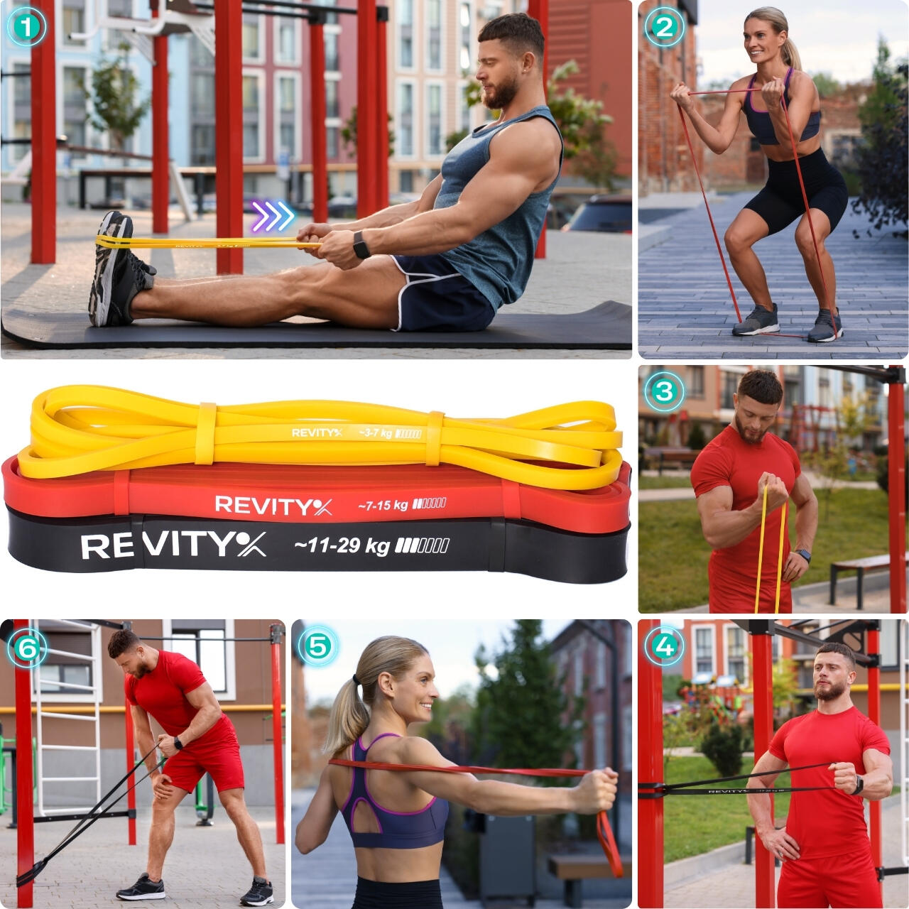 Sada 3 posilovacích odporových gum na cvičení Power Bands 3-29 kg cvičební plán 6/7