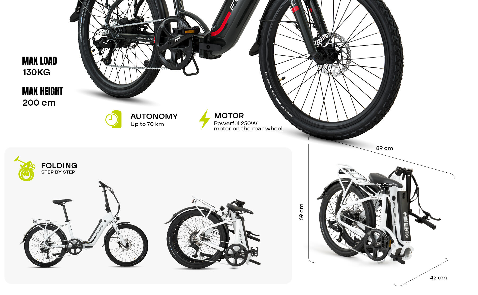 Bicicletta Elettrica Pieghevole Flebi Swan 24, 7 Velocità, Batteria 10.4Ah/374Wh, Autonomia 70km, Telaio Alluminio, Unisex