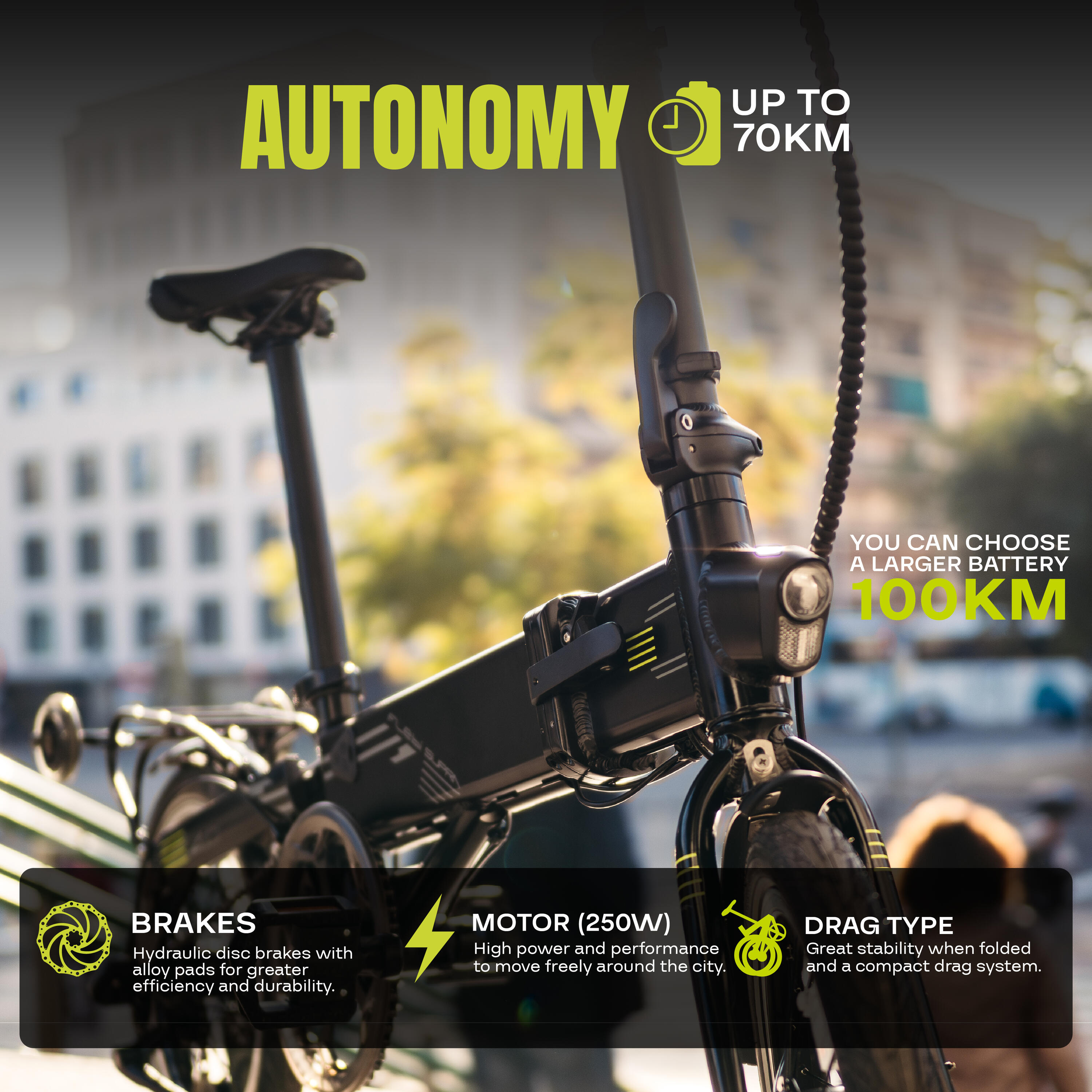 Bicicleta eléctrica plegable Supra 4.0 Black lime | Ruedas 16” | Autonomía 70 km 4/9