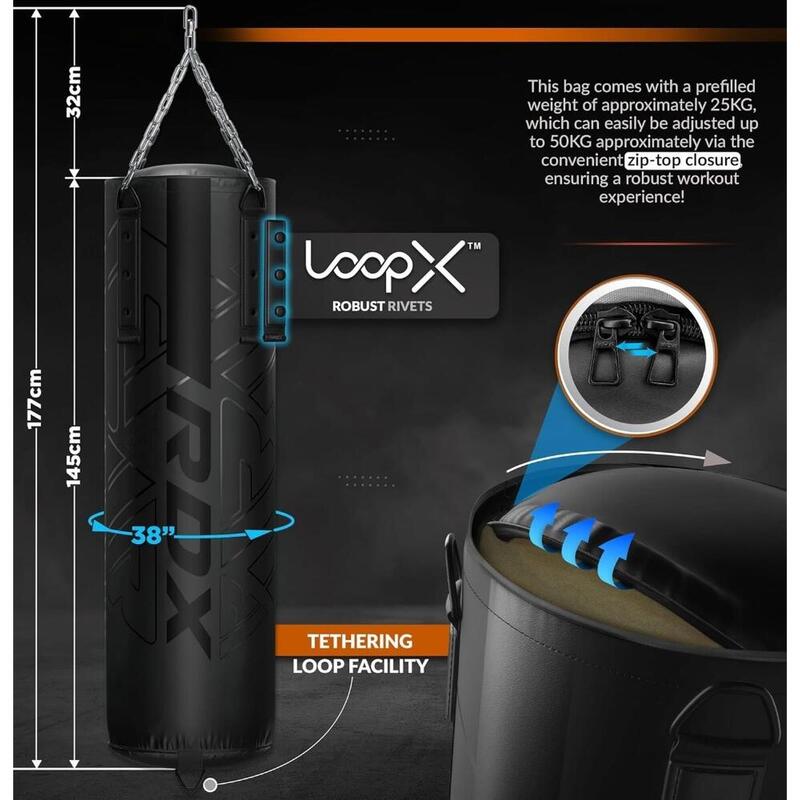 Set sac de box RDX 5ft, pre-umplut, mănuși și lanț incluse, 152 cm