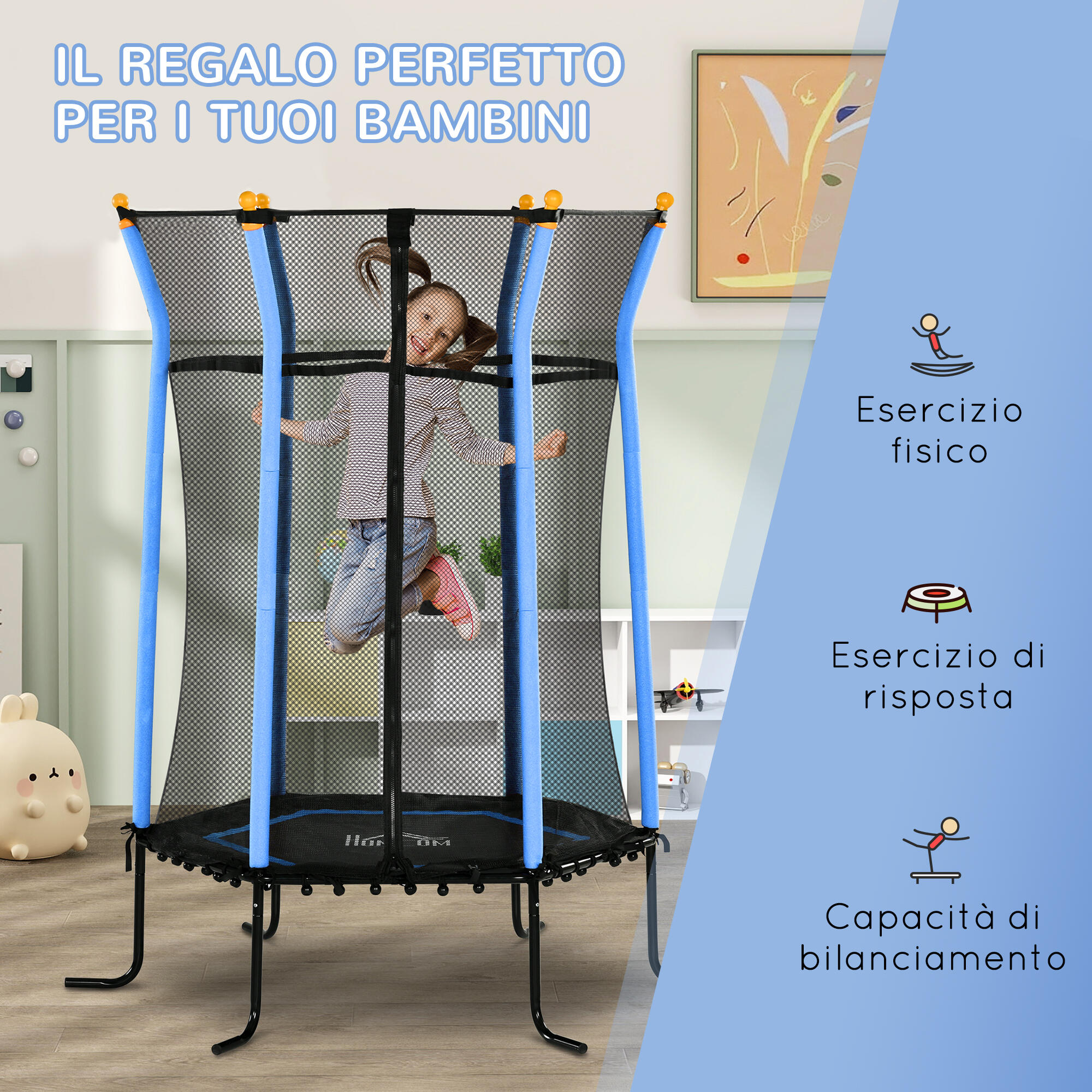 HOMCOM Tappeto Elastico per Bambini con Ingresso a Zip e Pali Imbottiti Azzurro 7/7