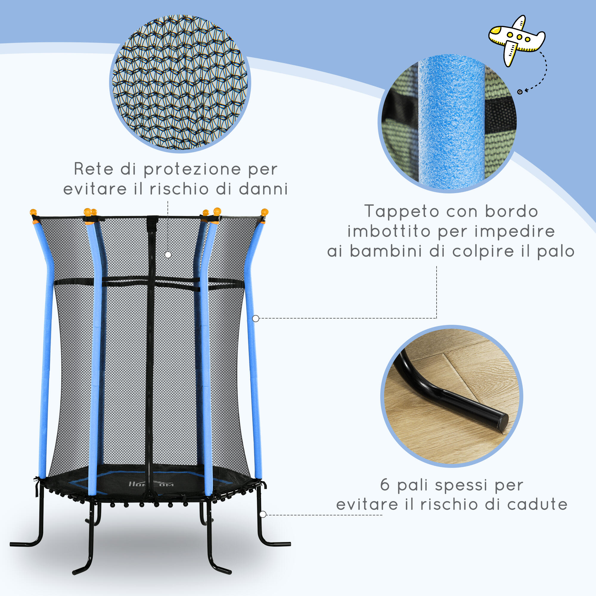 HOMCOM Tappeto Elastico per Bambini con Ingresso a Zip e Pali Imbottiti Azzurro 5/7