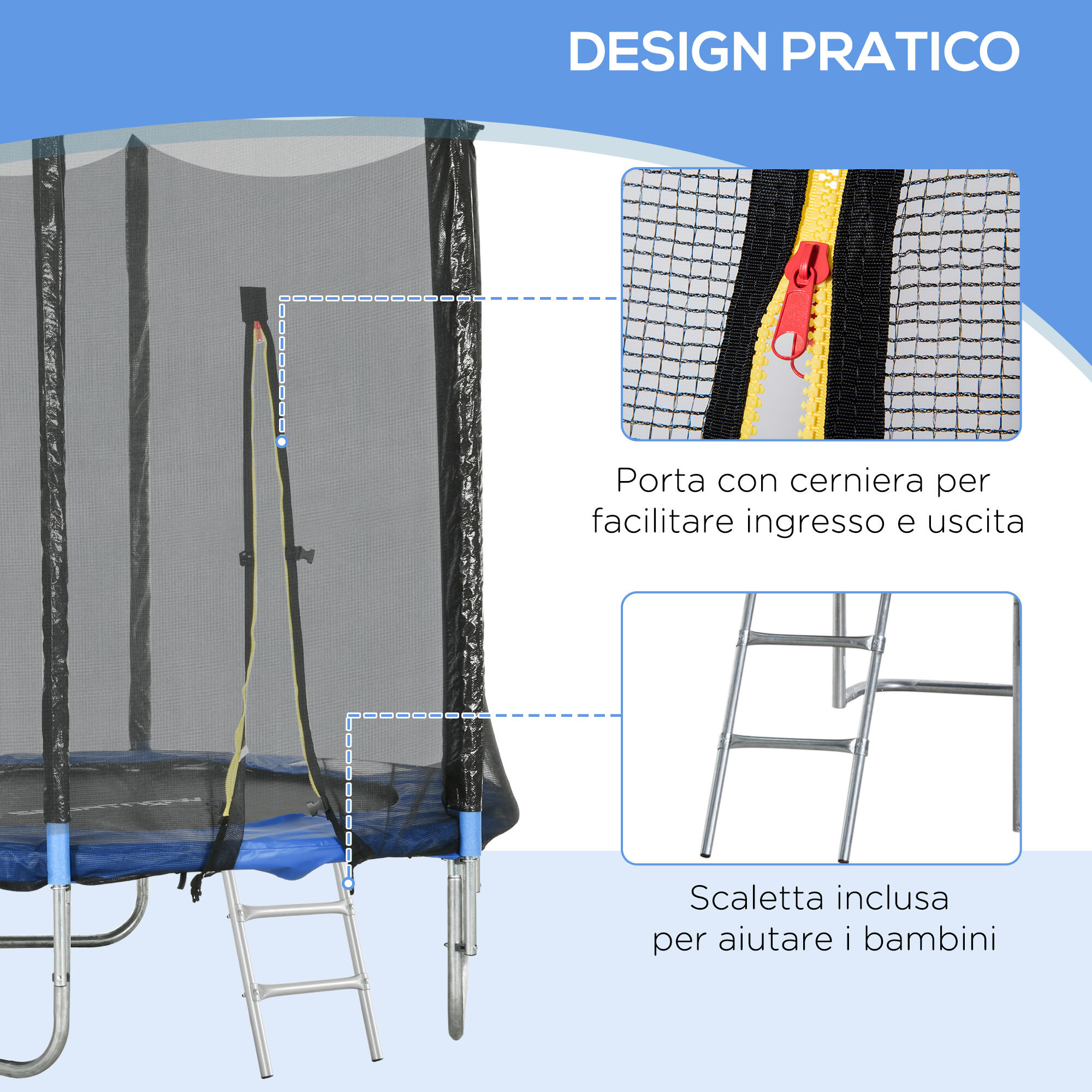 SPORTNOW Trampolino Elastico con Scaletta e Rete di Sicurezza Blu 6/7