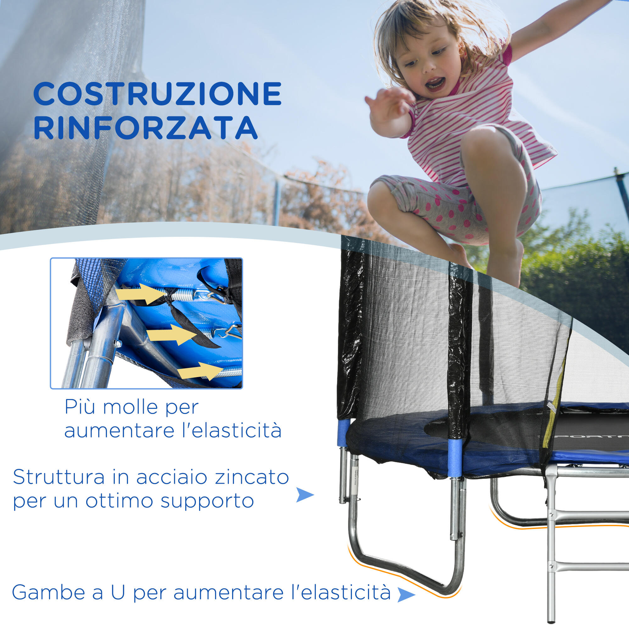 SPORTNOW Trampolino Elastico con Scaletta e Rete di Sicurezza Blu 7/7