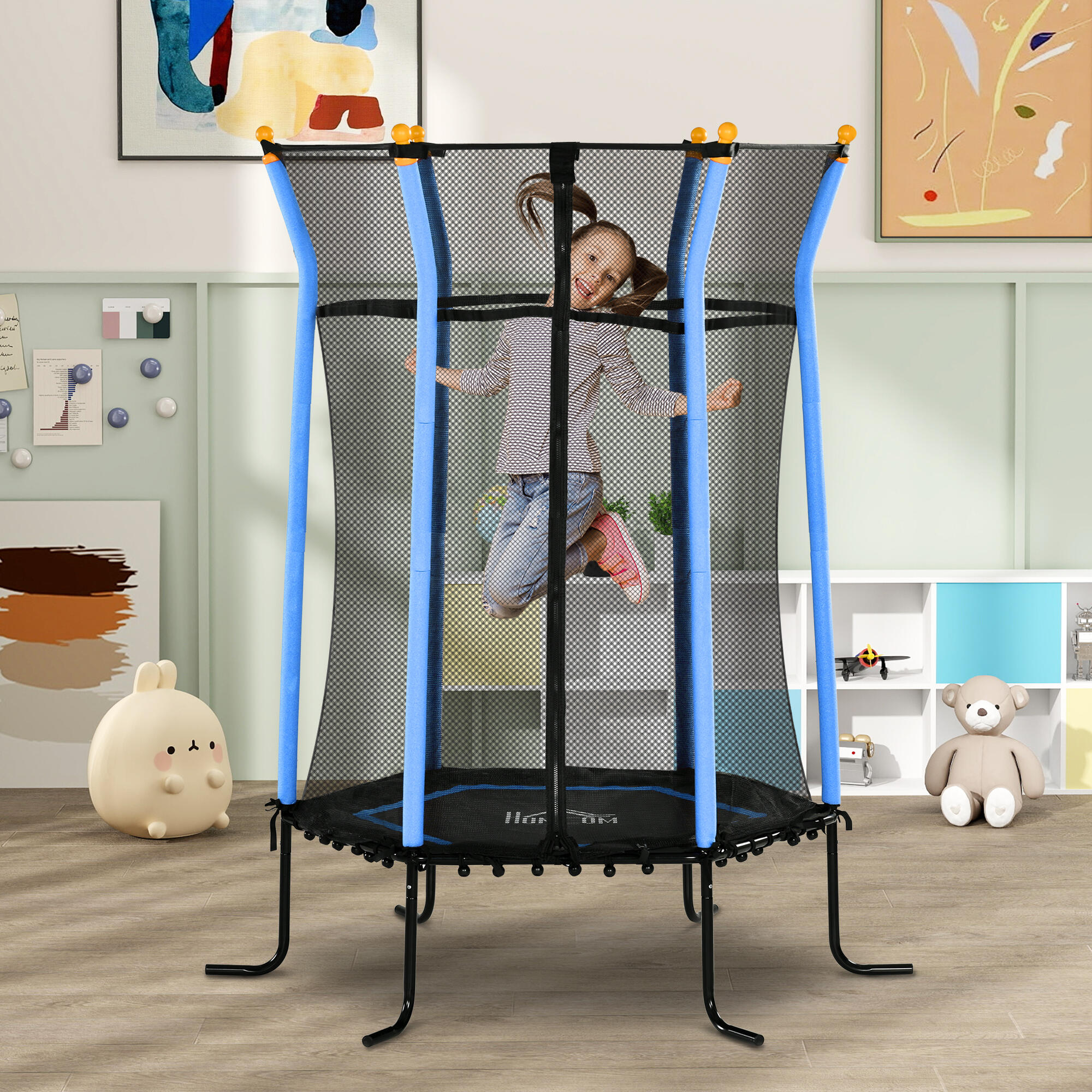HOMCOM Tappeto Elastico per Bambini con Ingresso a Zip e Pali Imbottiti Azzurro 2/7