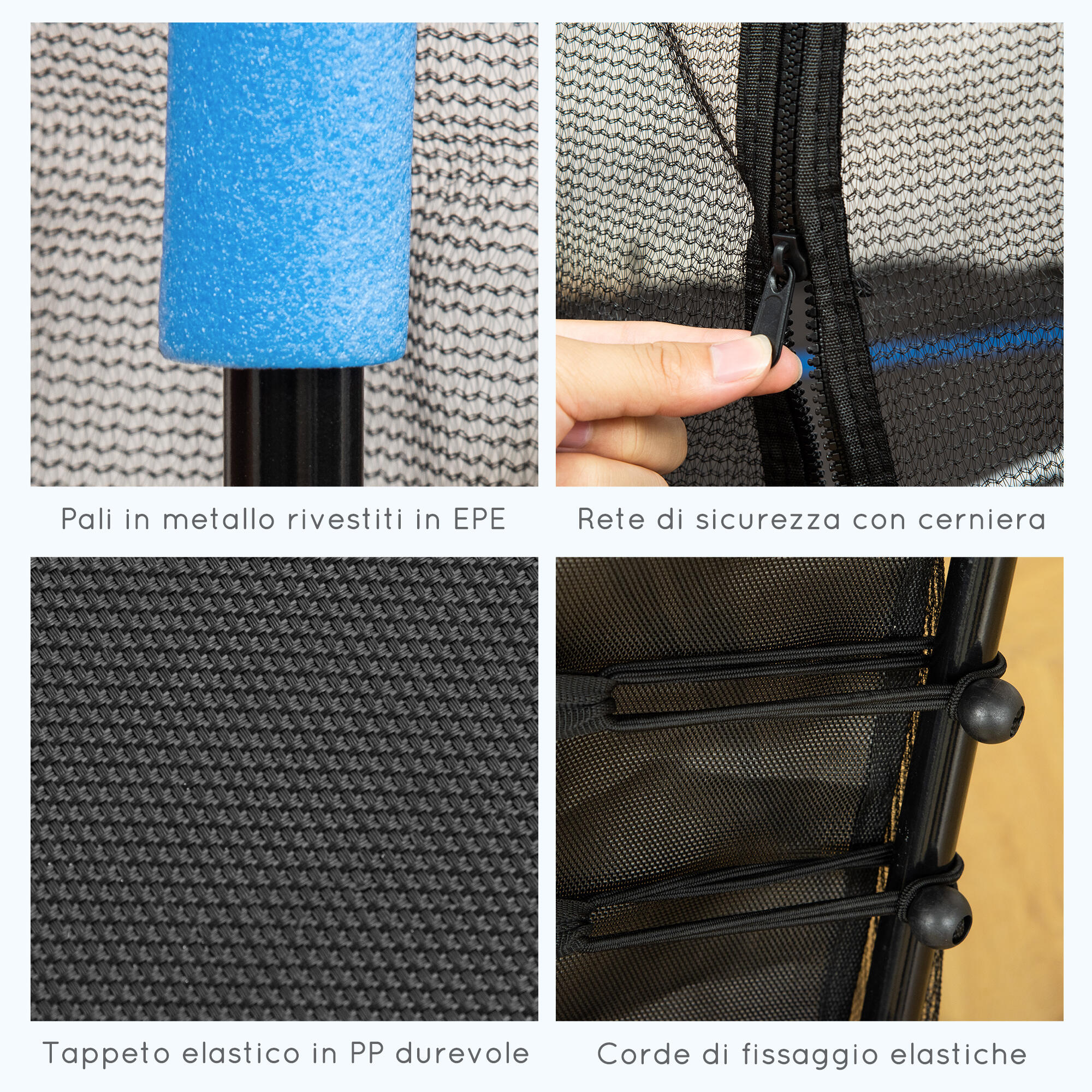 HOMCOM Tappeto Elastico per Bambini con Ingresso a Zip e Pali Imbottiti Azzurro 6/7