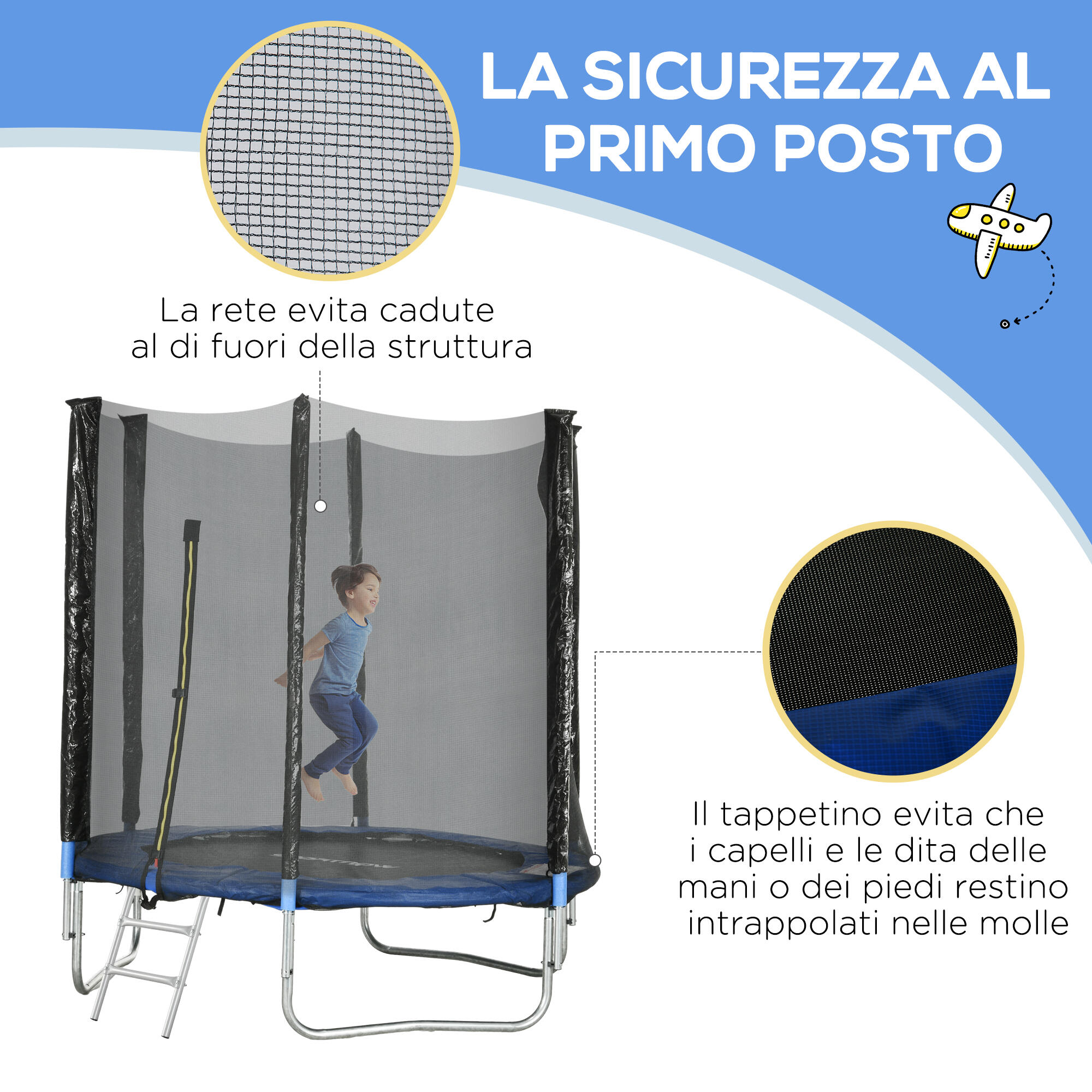 SPORTNOW Trampolino Elastico con Scaletta e Rete di Sicurezza Blu 4/7