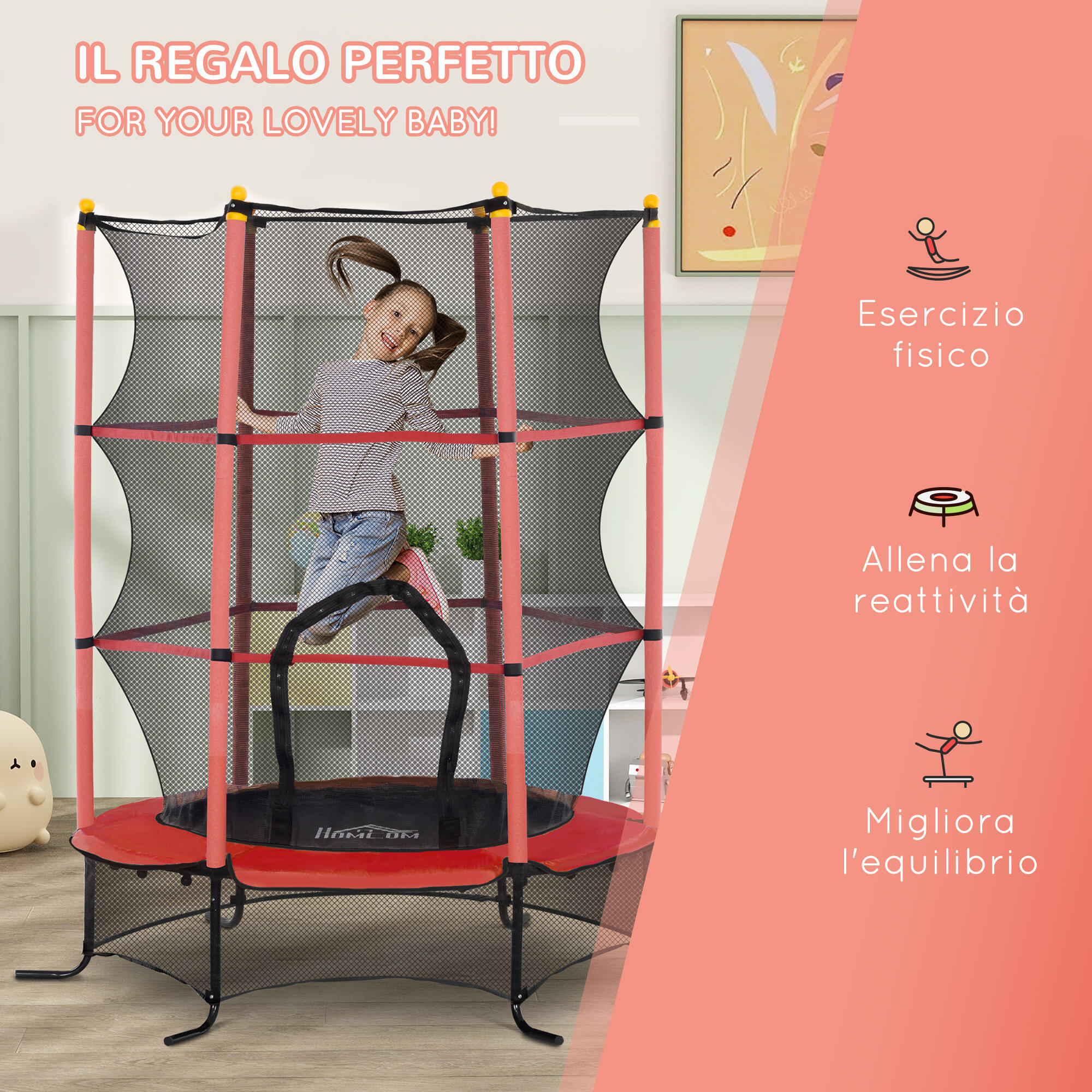 HOMCOM Trampolino Elastico Bambini 3-10 Anni Ø1.6x1.9m e Rete di Sicurezza Rosso 7/7