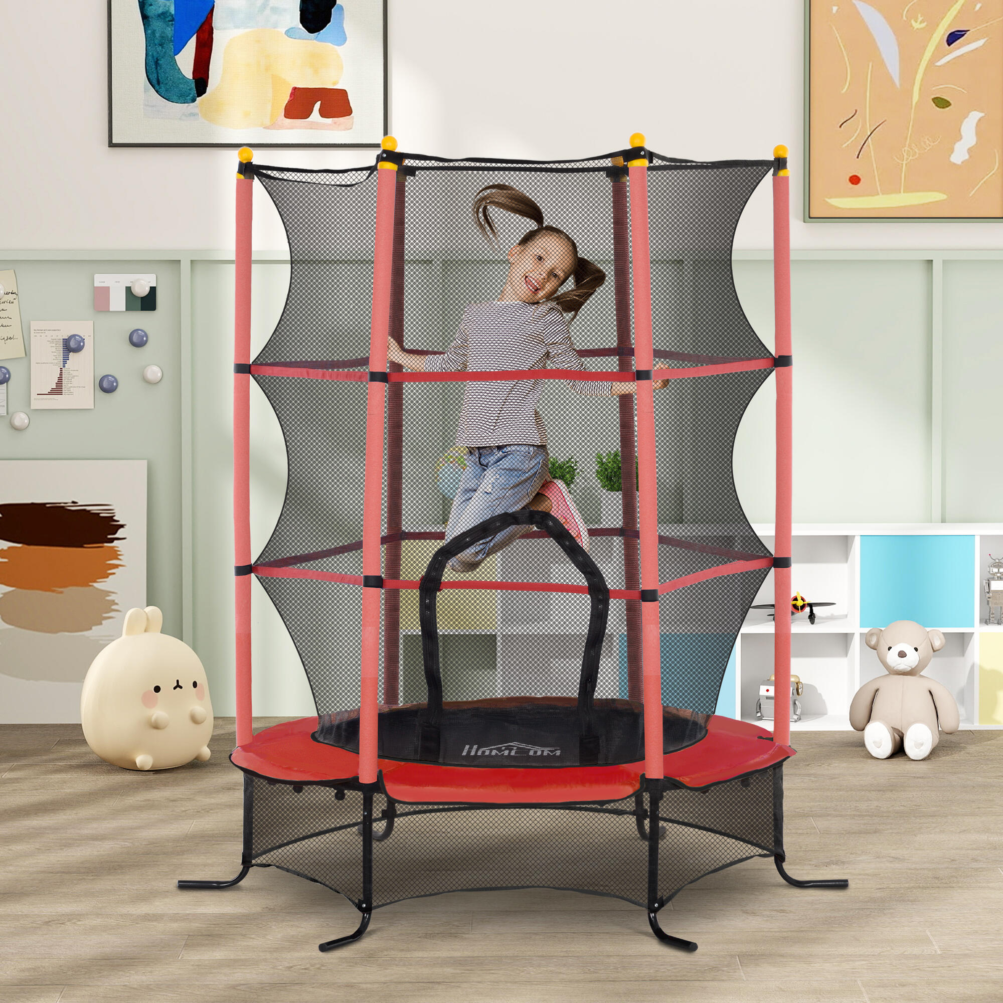 HOMCOM Trampolino Elastico Bambini 3-10 Anni Ø1.6x1.9m e Rete di Sicurezza Rosso 2/7