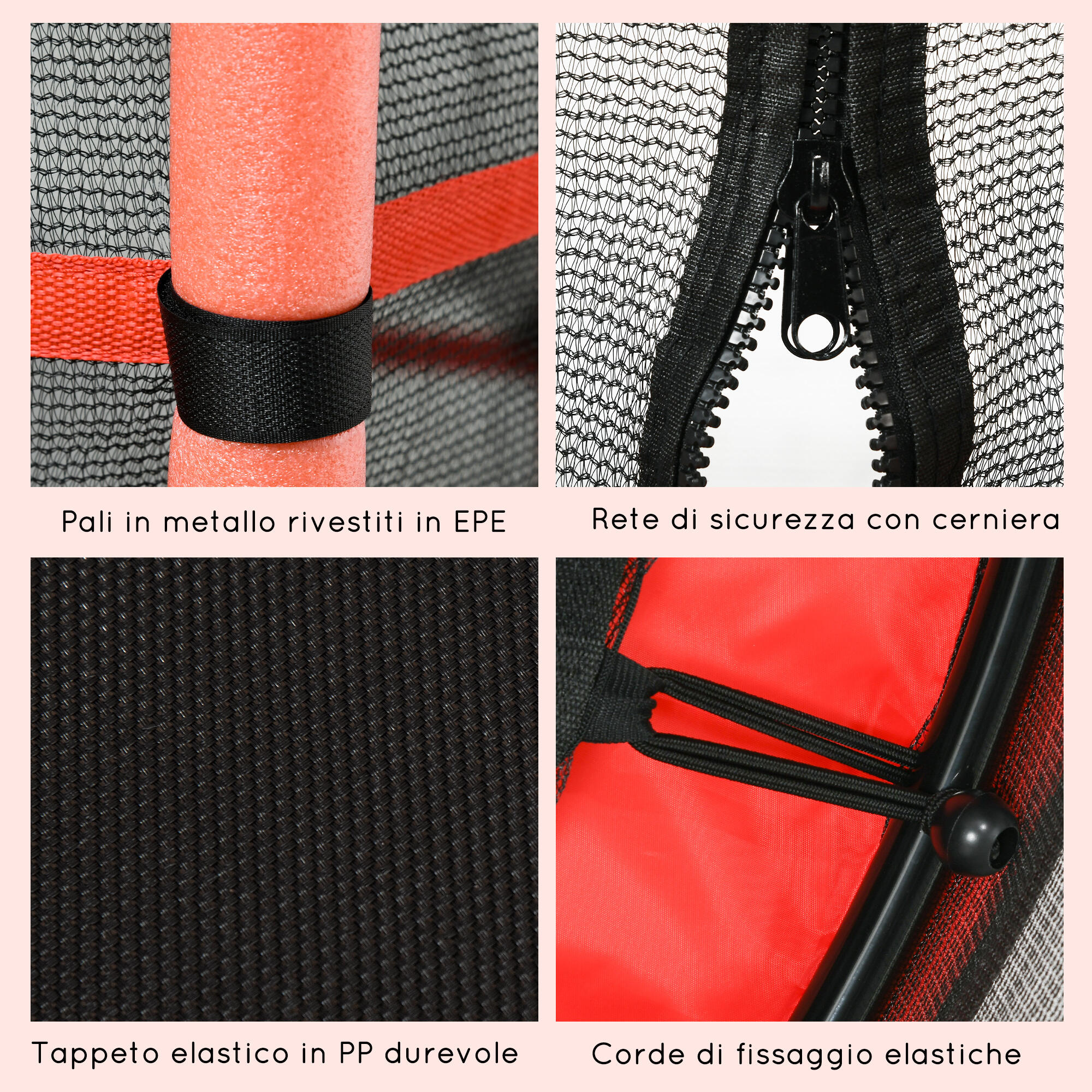 HOMCOM Trampolino Elastico Bambini 3-10 Anni Ø1.6x1.9m e Rete di Sicurezza Rosso 6/7