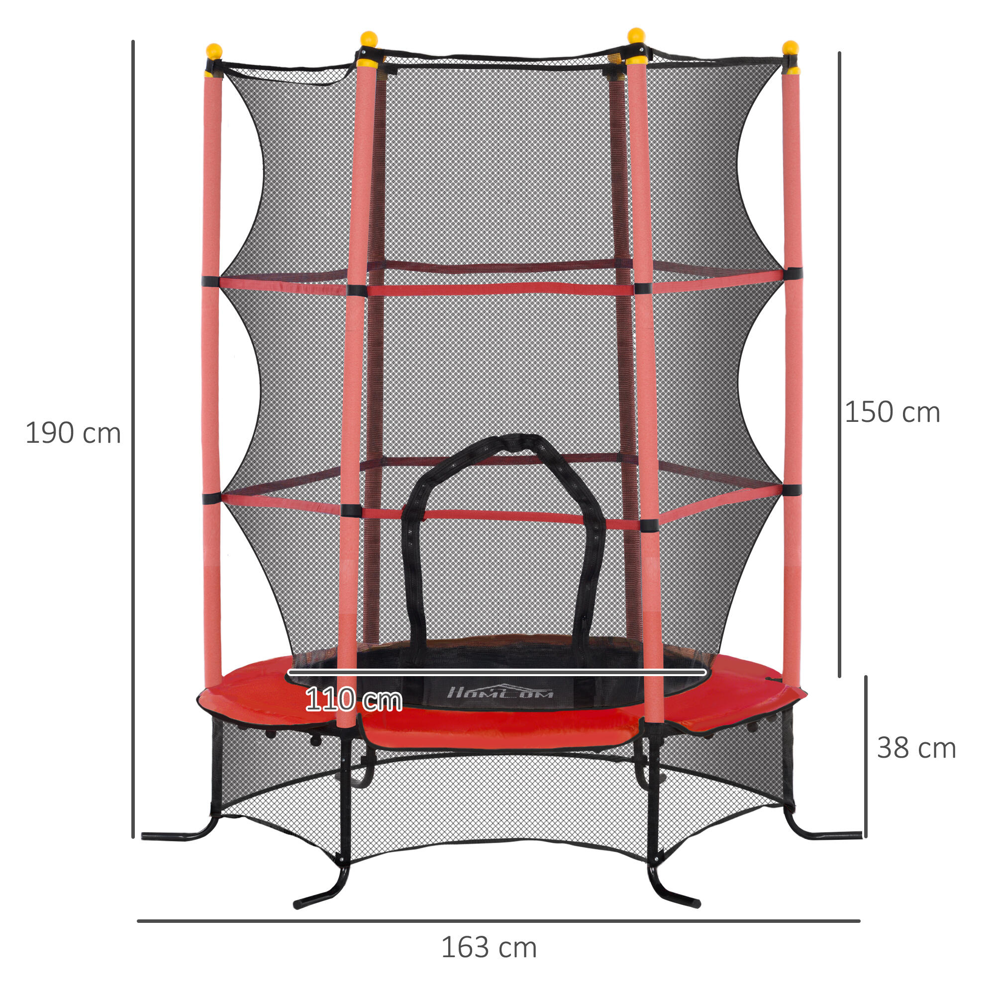 HOMCOM Trampolino Elastico Bambini 3-10 Anni Ø1.6x1.9m e Rete di Sicurezza Rosso 3/7