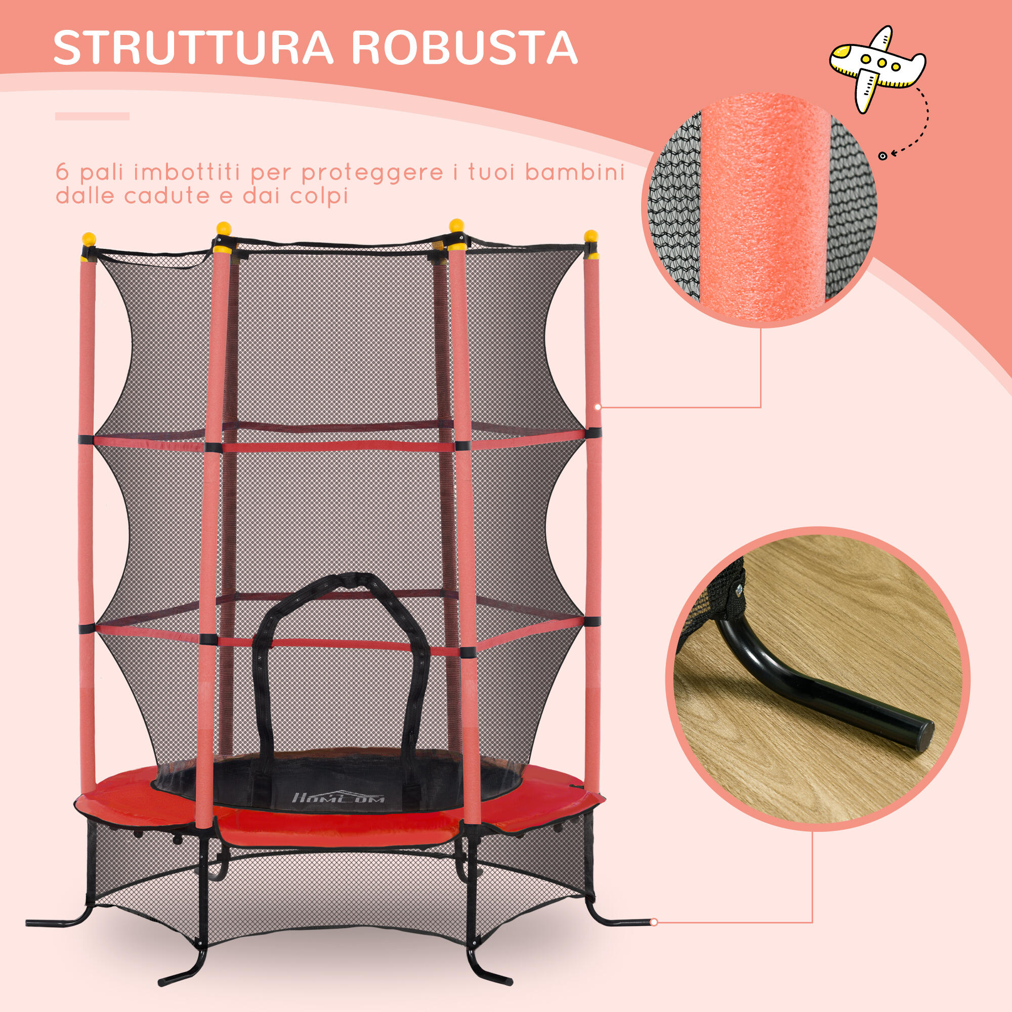 HOMCOM Trampolino Elastico Bambini 3-10 Anni Ø1.6x1.9m e Rete di Sicurezza Rosso 5/7