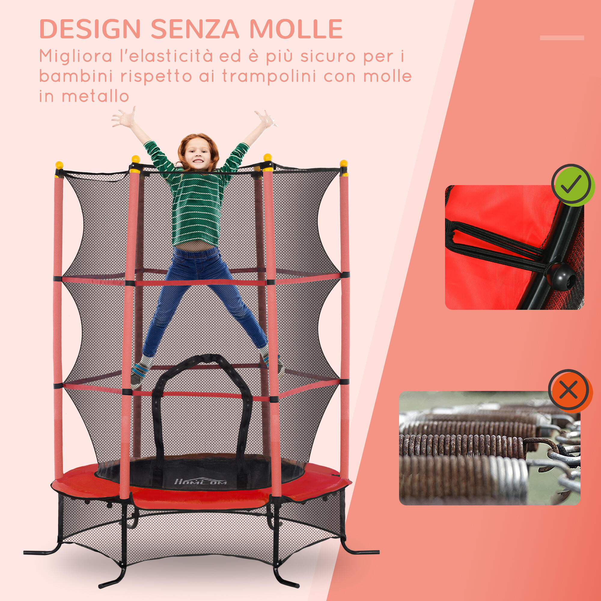 HOMCOM Trampolino Elastico Bambini 3-10 Anni Ø1.6x1.9m e Rete di Sicurezza Rosso 4/7