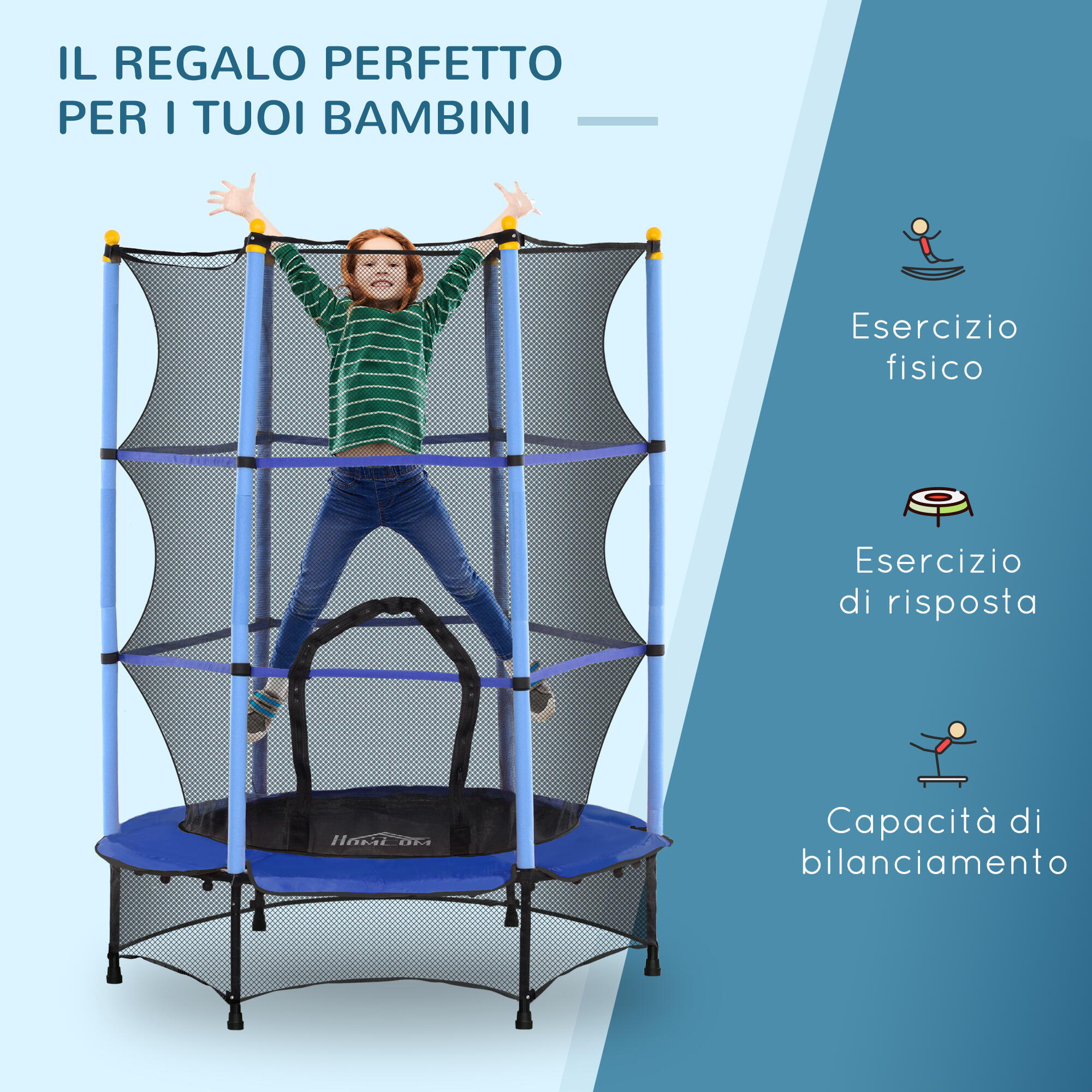 HOMCOM Tappeto Elastico per Bambini 3-10 Anni con Rete di Sicurezza Ø140 cm Blu 7/7